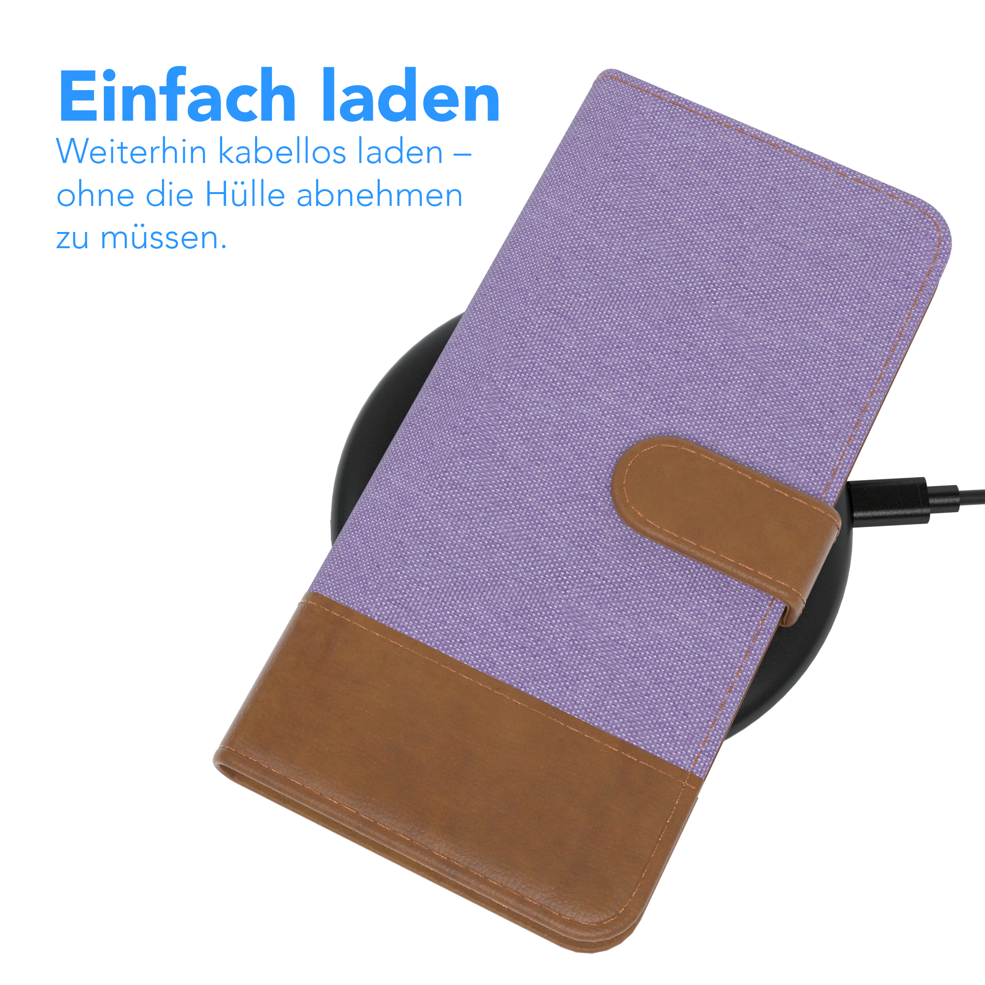 Lila Handyhülle mit braunen Akzenten auf einem kabellosen Ladegerät. Text: 'Einfach laden'.