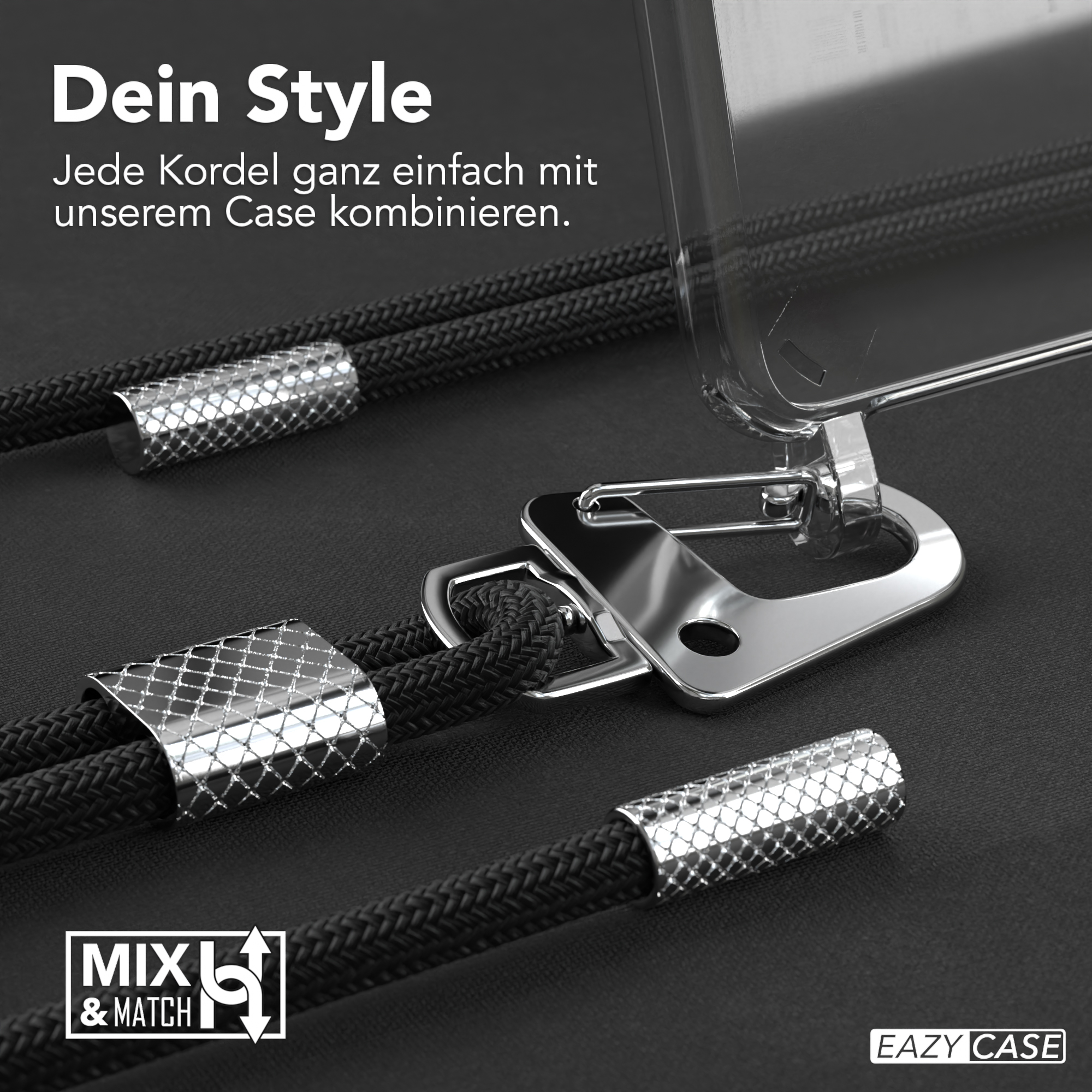 Handyhülle mit Riemen. Der Riemen umfasst Metallverschlüsse und einen schwarzen geflochtenen Kordel.