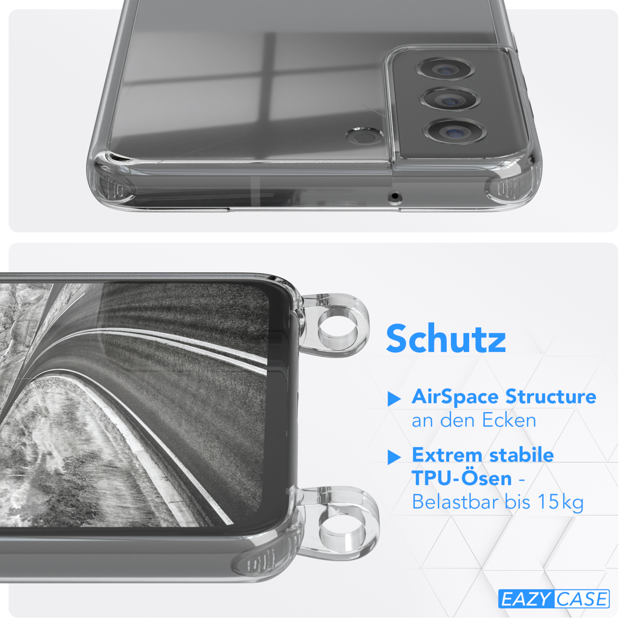 Transparente Handyhülle auf grauem Telefon, mit Text über Schutz. Nahaufnahme.