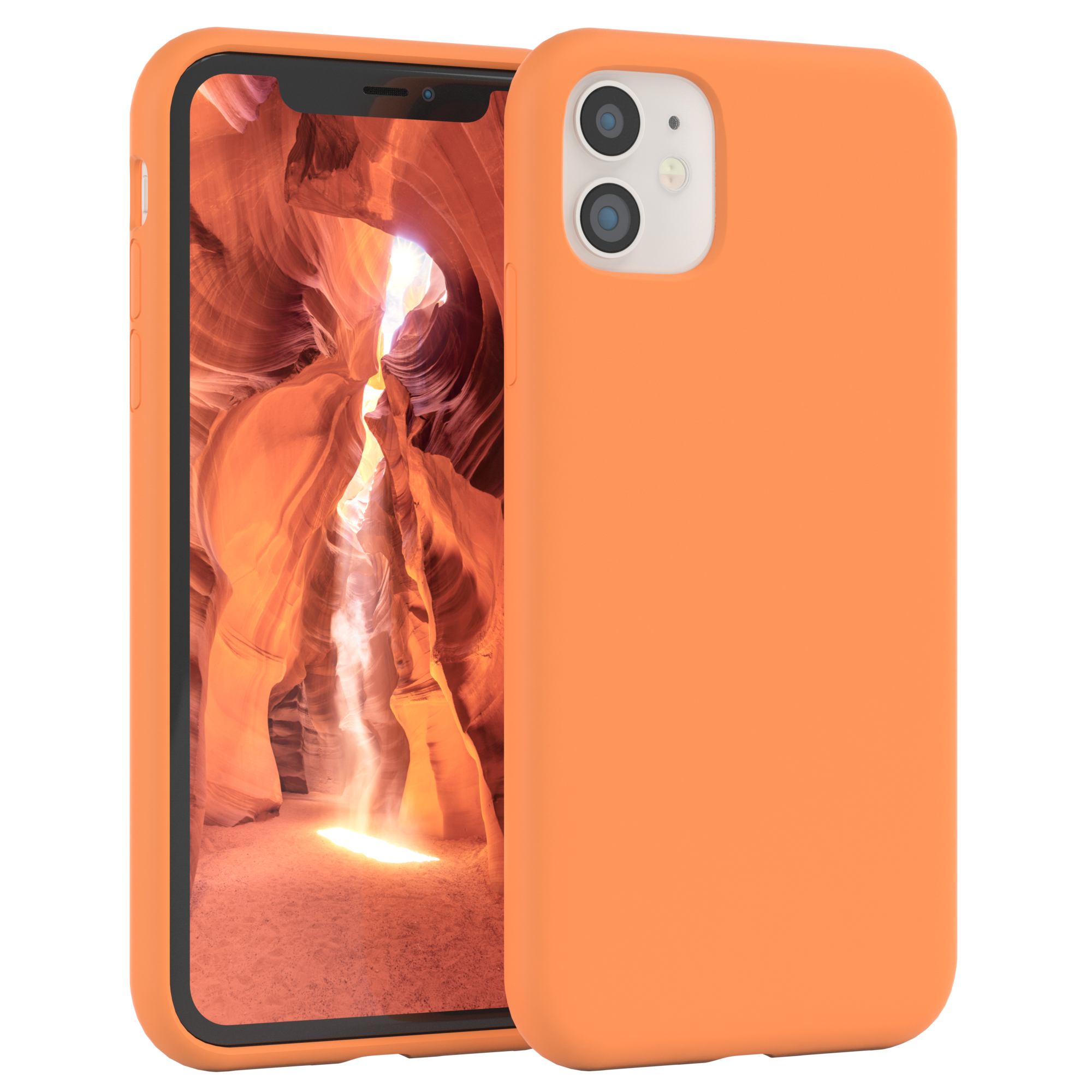 Orangefarbene Handyhülle mit Telefon darin. Die Handyhülle liegt neben dem Telefon.