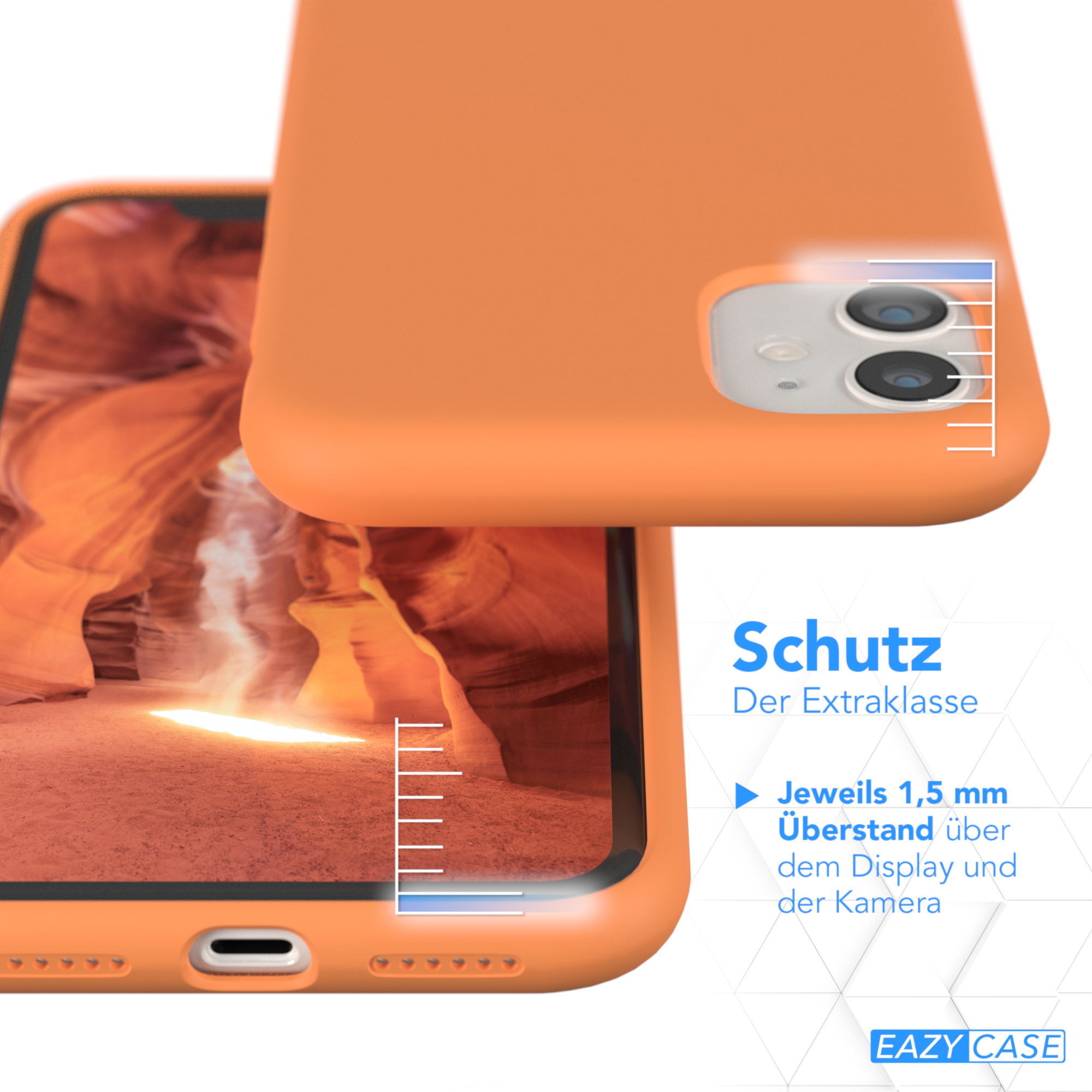 Orangefarbene Handyhülle, zeigt Kamera- und Bildschirmschutz. Linien zeigen die erhöhten Ränder.