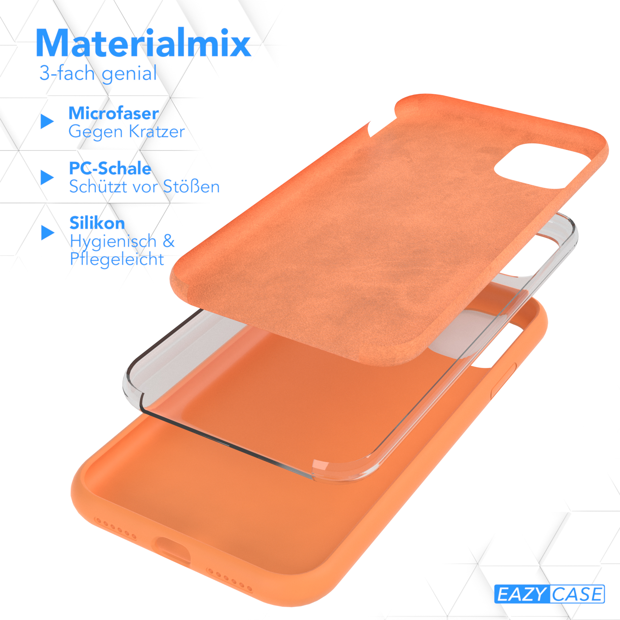 Orangefarbene Handyhülle mit drei Schichten. Mikrofaser, PC-Schale und Silikon.