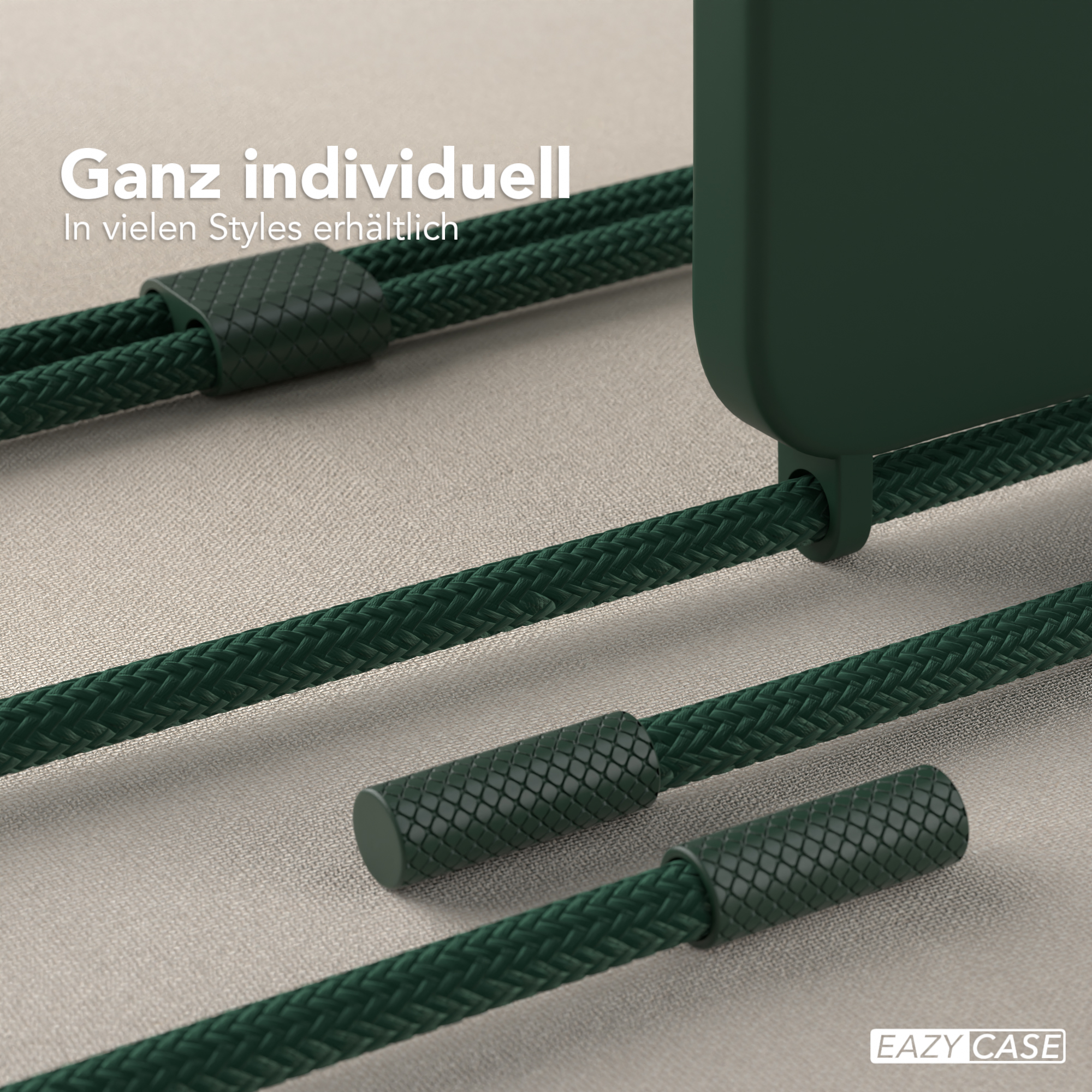 Grüne Handyhülle mit grünem geflochtenem Kordel. Text: Ganz individuell (Sehr individuell).