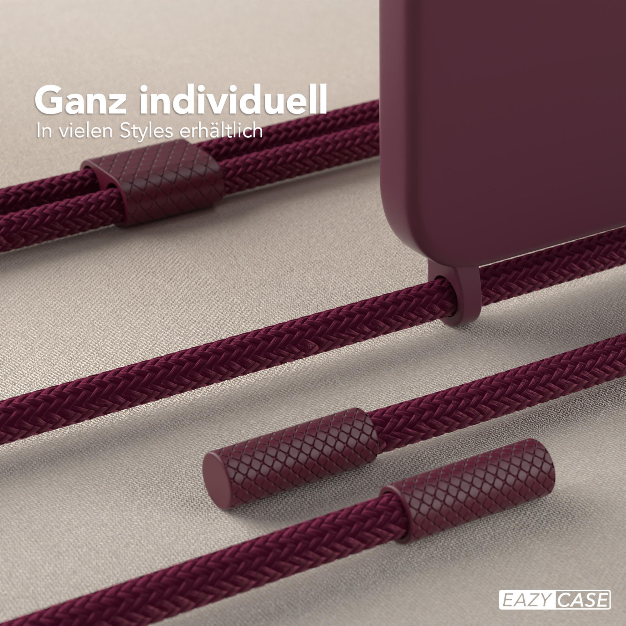 Handykordel mit Handyhülle. Text: Ganz individuell, Eazy Case Logo. Dunkelrote Farbe. Geflochtene Kordel.