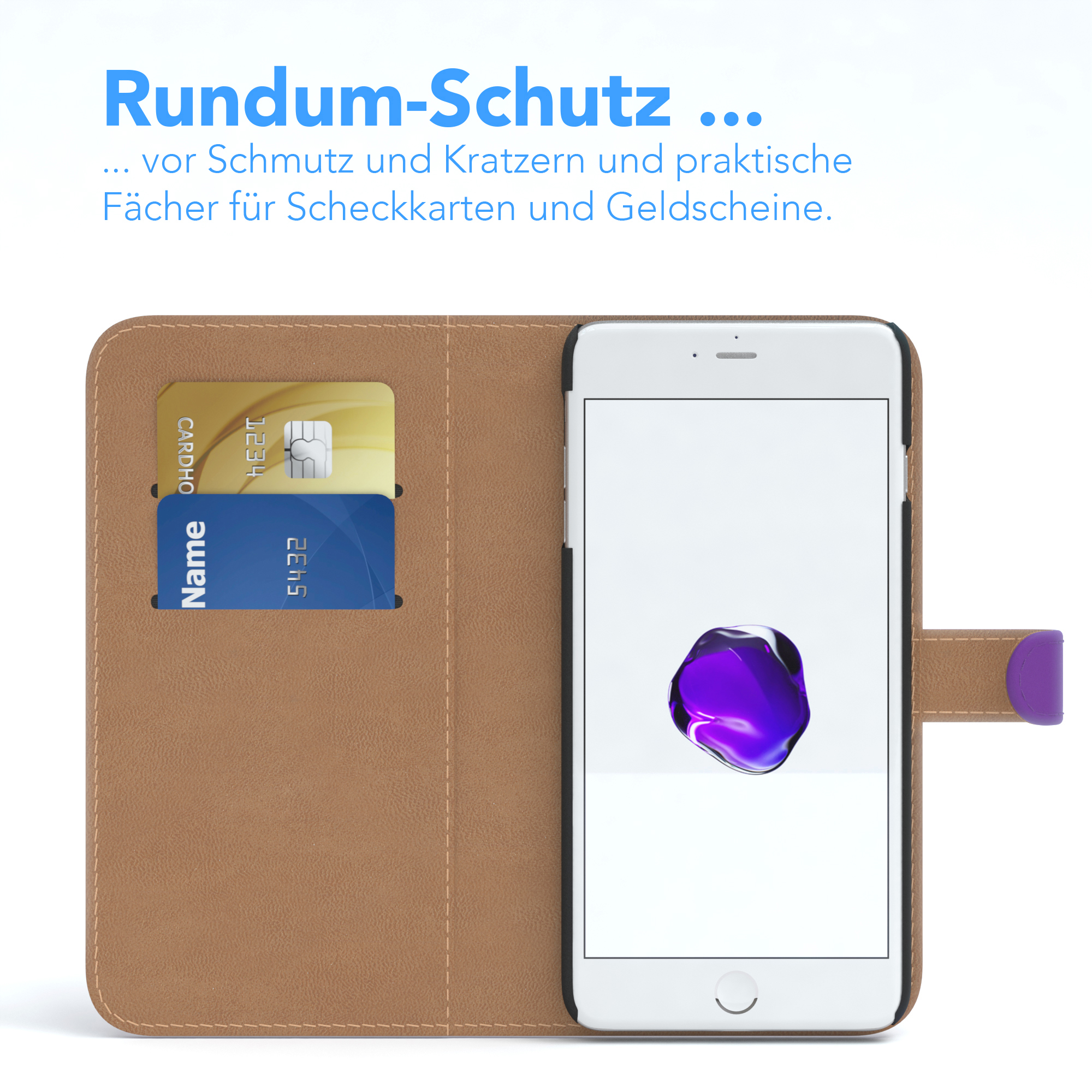 Handyhülle mit Telefon, Kreditkarten, innen mit lila Akzent.