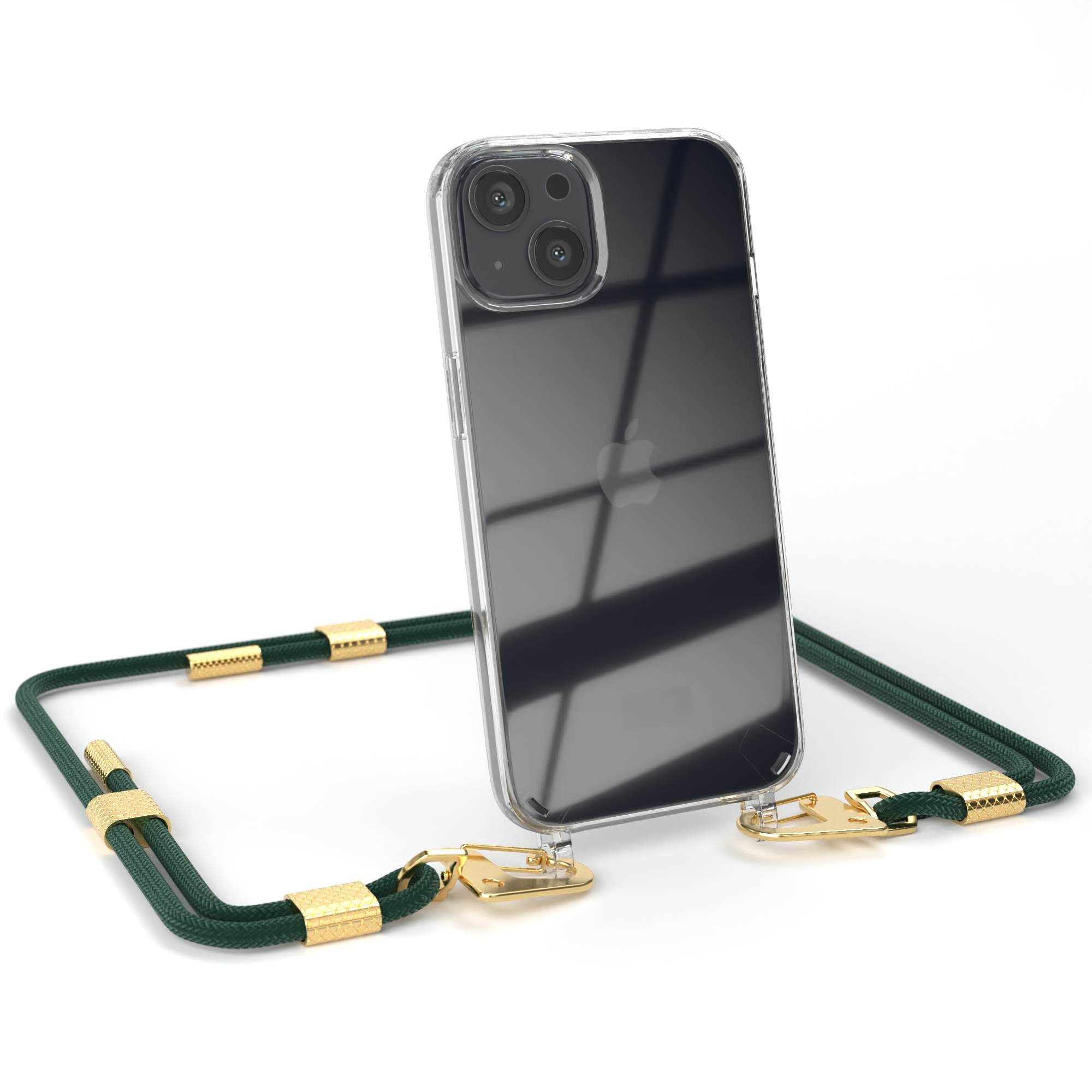 Telefon mit durchsichtiger Hülle und grünem Umhängeband. Das Telefon ist in der Mitte.