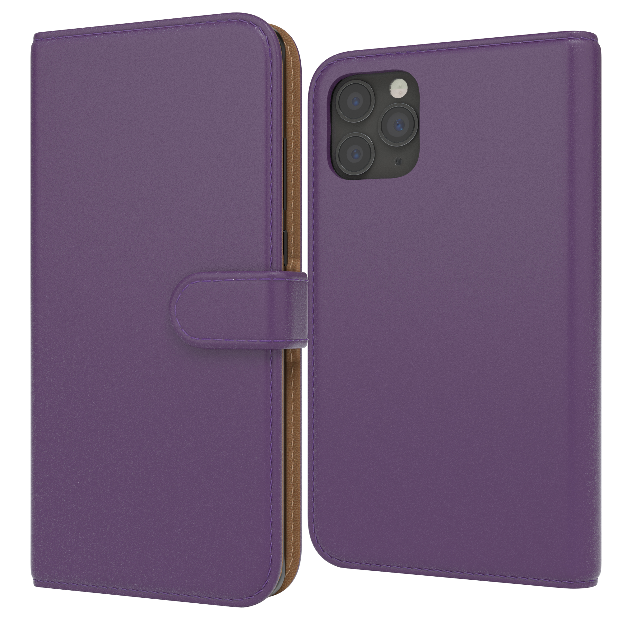 Violette Handyhülle mit Knopfverschluss, offen, braunes Inneres sichtbar.