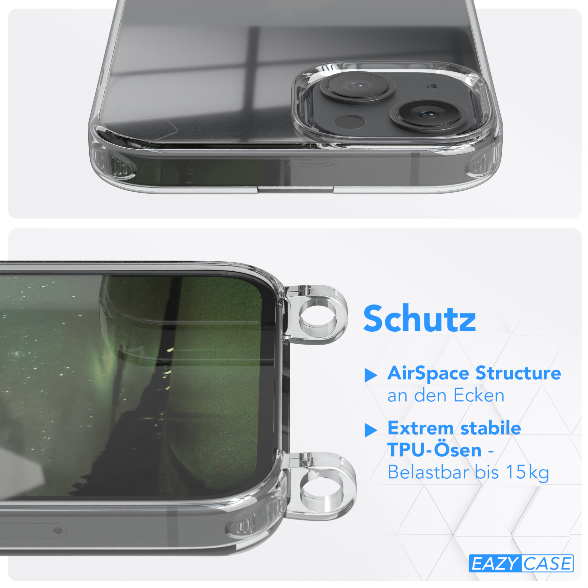 Transparente Handyhülle. Ober- und Seitenansicht mit transparentem Design und Schutzfunktionen.