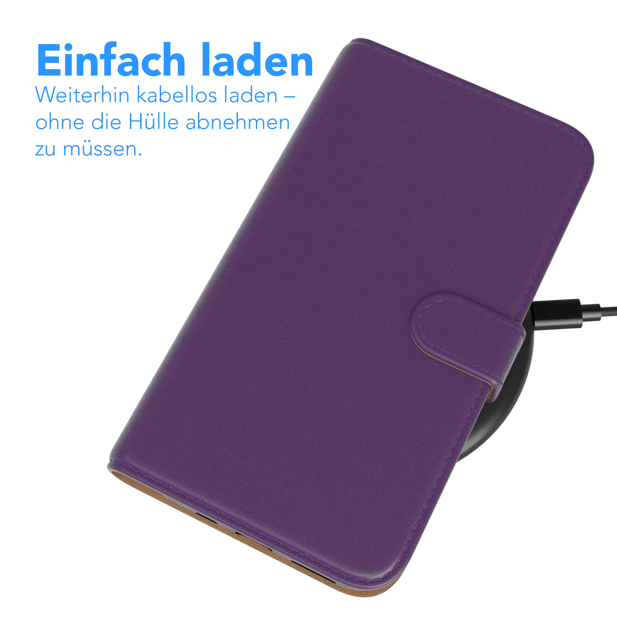 Lila Handyhülle auf kabellosem Ladegerät, verbunden, mit Text oben über einfaches Laden.