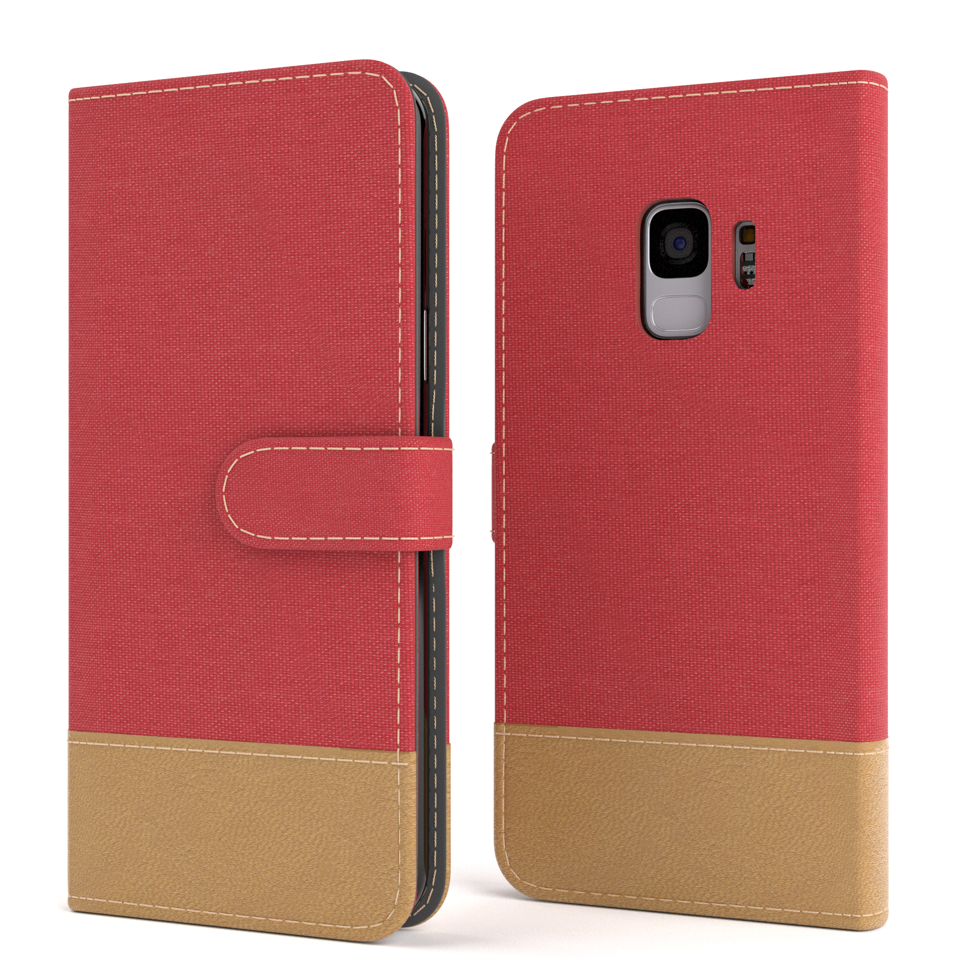Rote und beige Handyhülle geschlossen, mit weißen Nähten und Verschlussdetail.