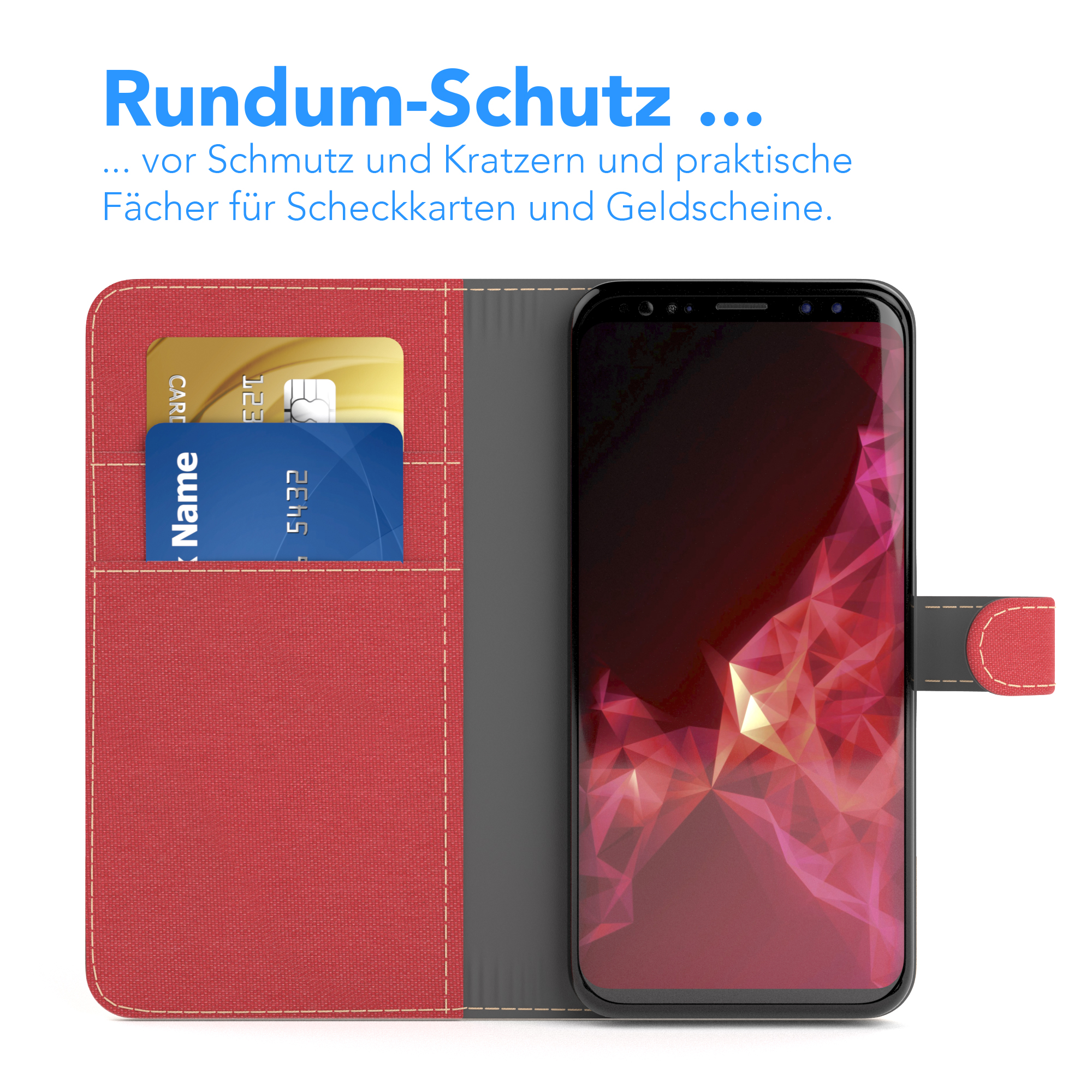 Galaxy S9, Jeans Bookcover, Samsung, CASE mit Rot Klapphülle EAZY Kartenfach, Bookstyle