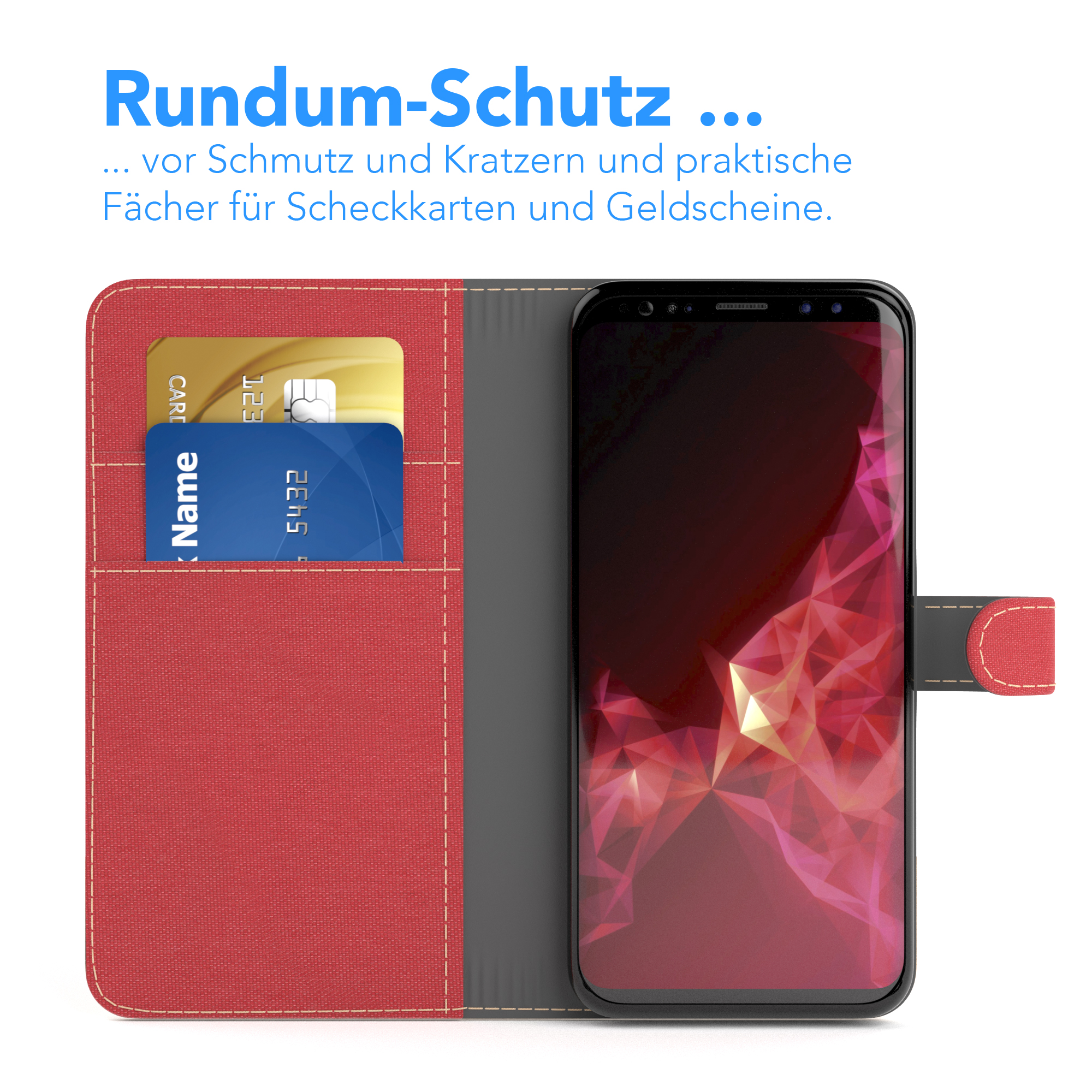 Rote Handyhülle, offen, mit Karten. Ein Telefon ist drin.