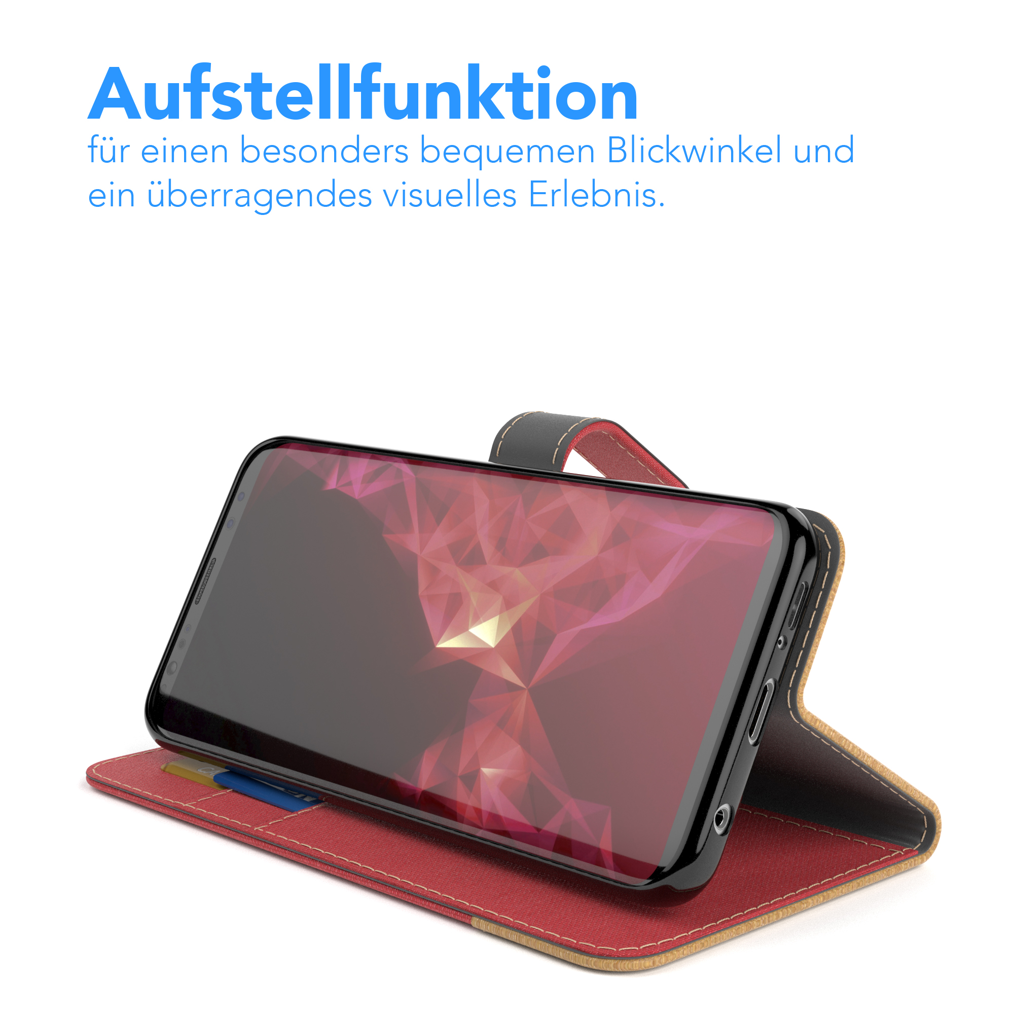 Ein Telefon in einem Gehäuse ist zum Aufstellen positioniert. Der Bildschirm zeigt ein rotes Bild. Rotes und schwarzes Gehäuse.