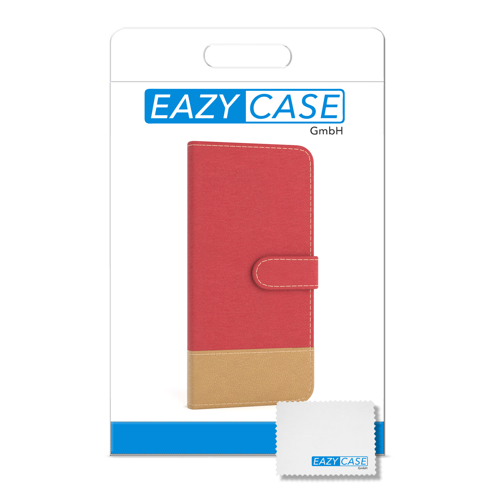 Rote und beige Handyhülle in Verpackung. Eazy Case Logo unten.