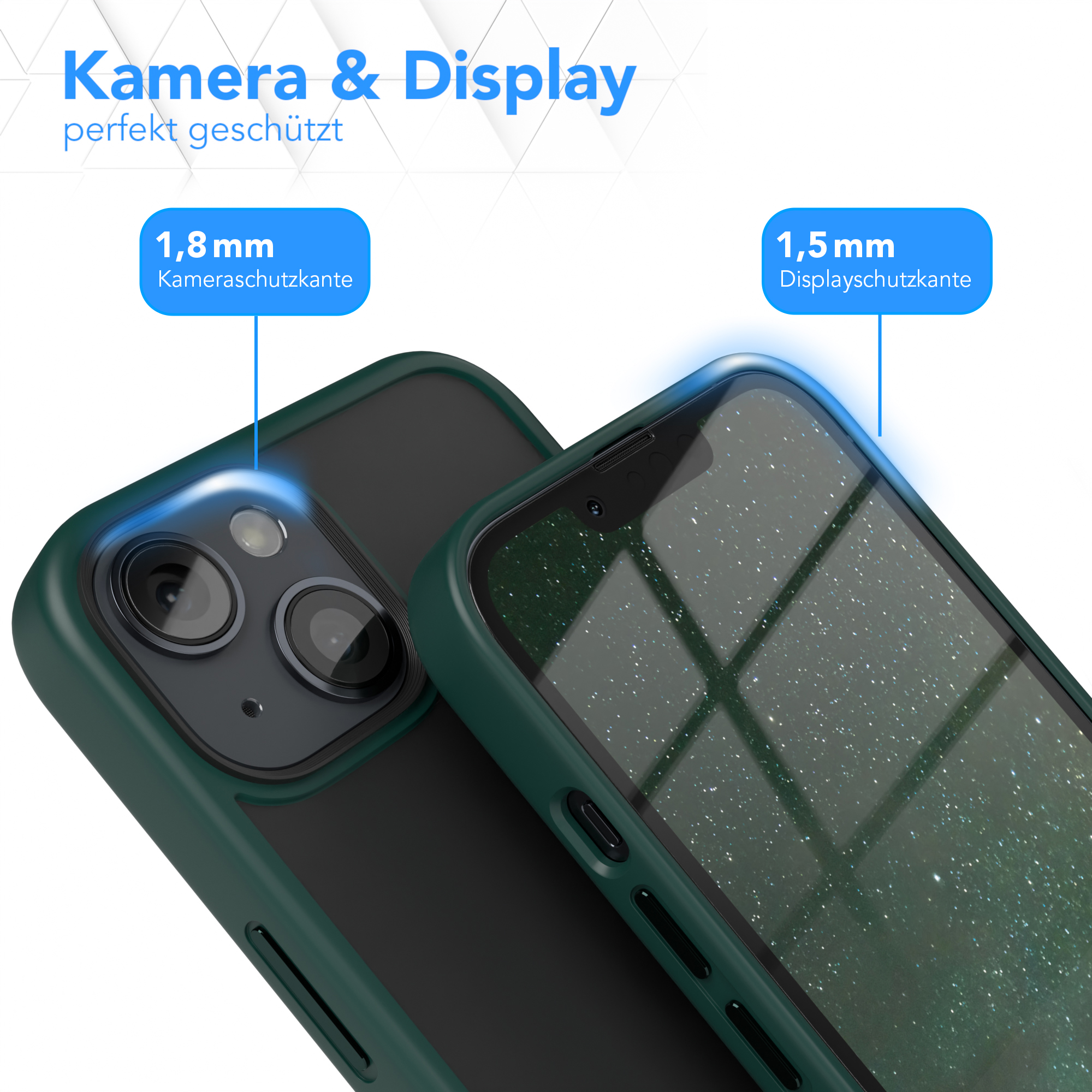 Handyhülle mit Kameraschutz, grün und schwarz. Text: Kamera & Display, perfekt geschützt.