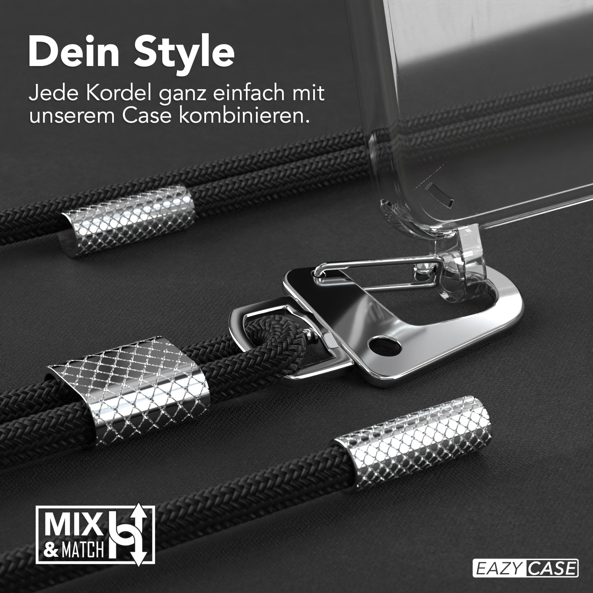 Nahaufnahme einer schwarzen Handyhülle mit silbernem Verschluss und schwarzem Band. Das Band hat silberne Akzente.