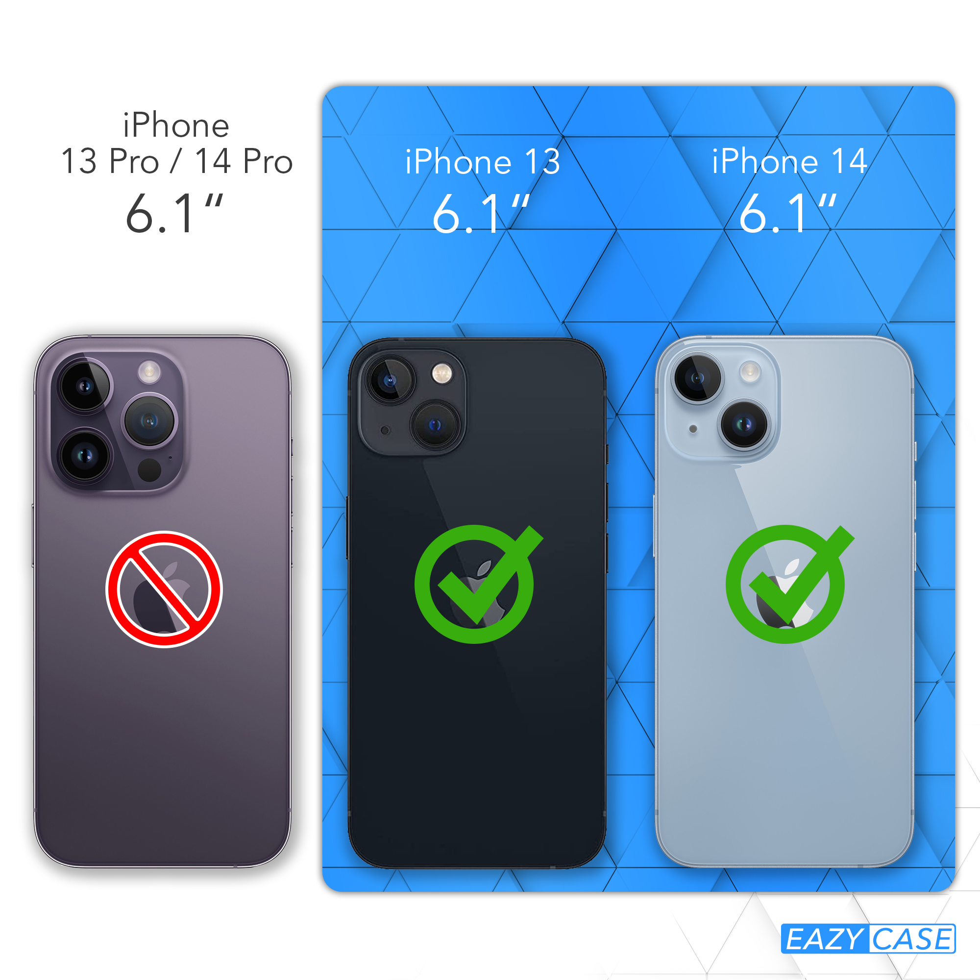 Telefonvergleich. iPhone 13 Pro/14 Pro mit rotem Verbotszeichen und iPhone 13 und 14 mit grünen Häkchen.