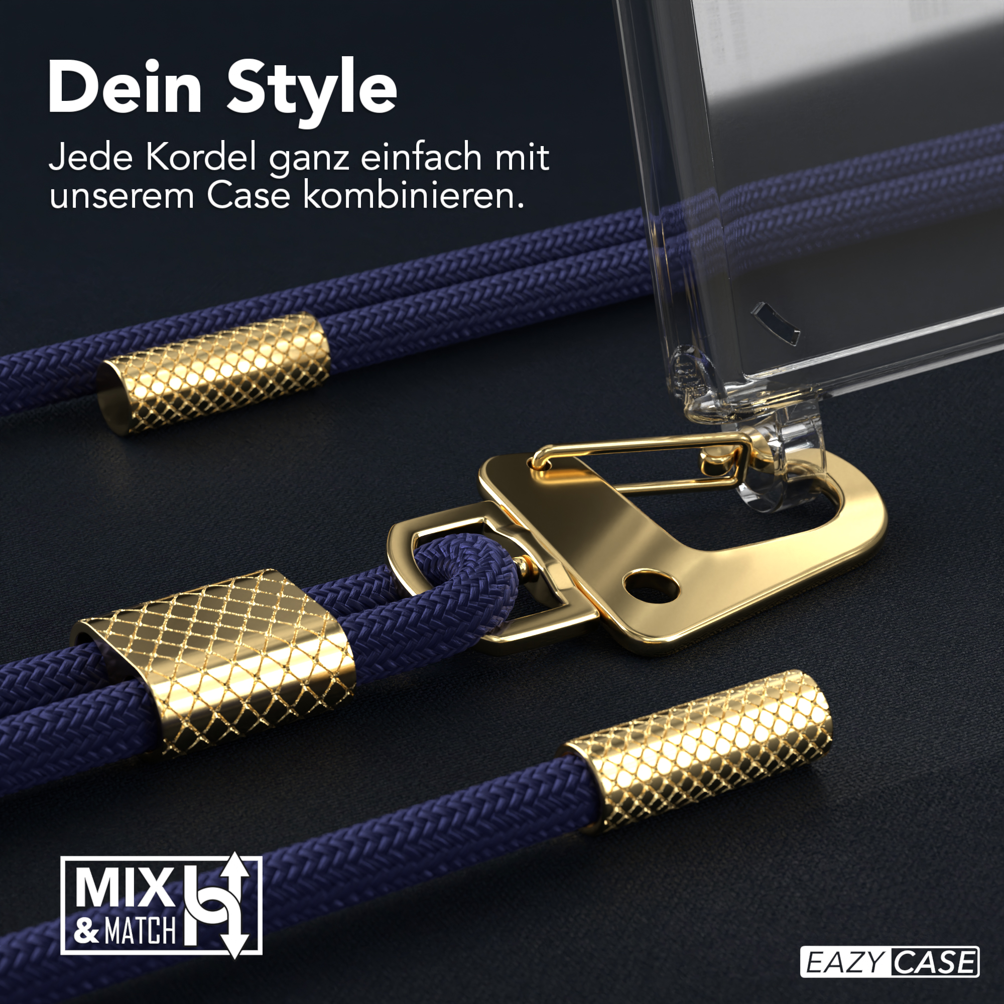 Nahaufnahme eines Lanyards mit goldenen Akzenten, die an einer Handyhülle befestigt sind. Dunkler Hintergrund.