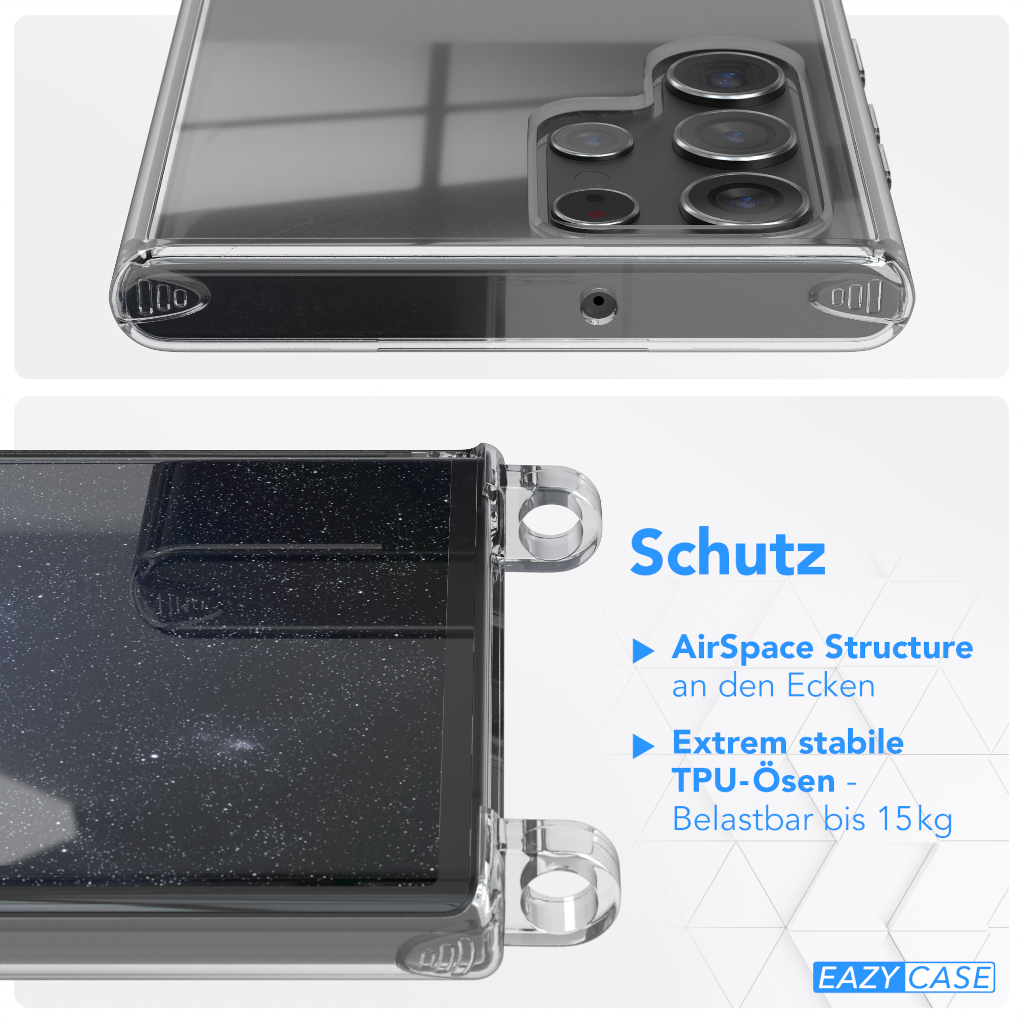 Nahaufnahme einer transparenten Handyhülle mit einem Telefon, das Schutzfunktionen zeigt.