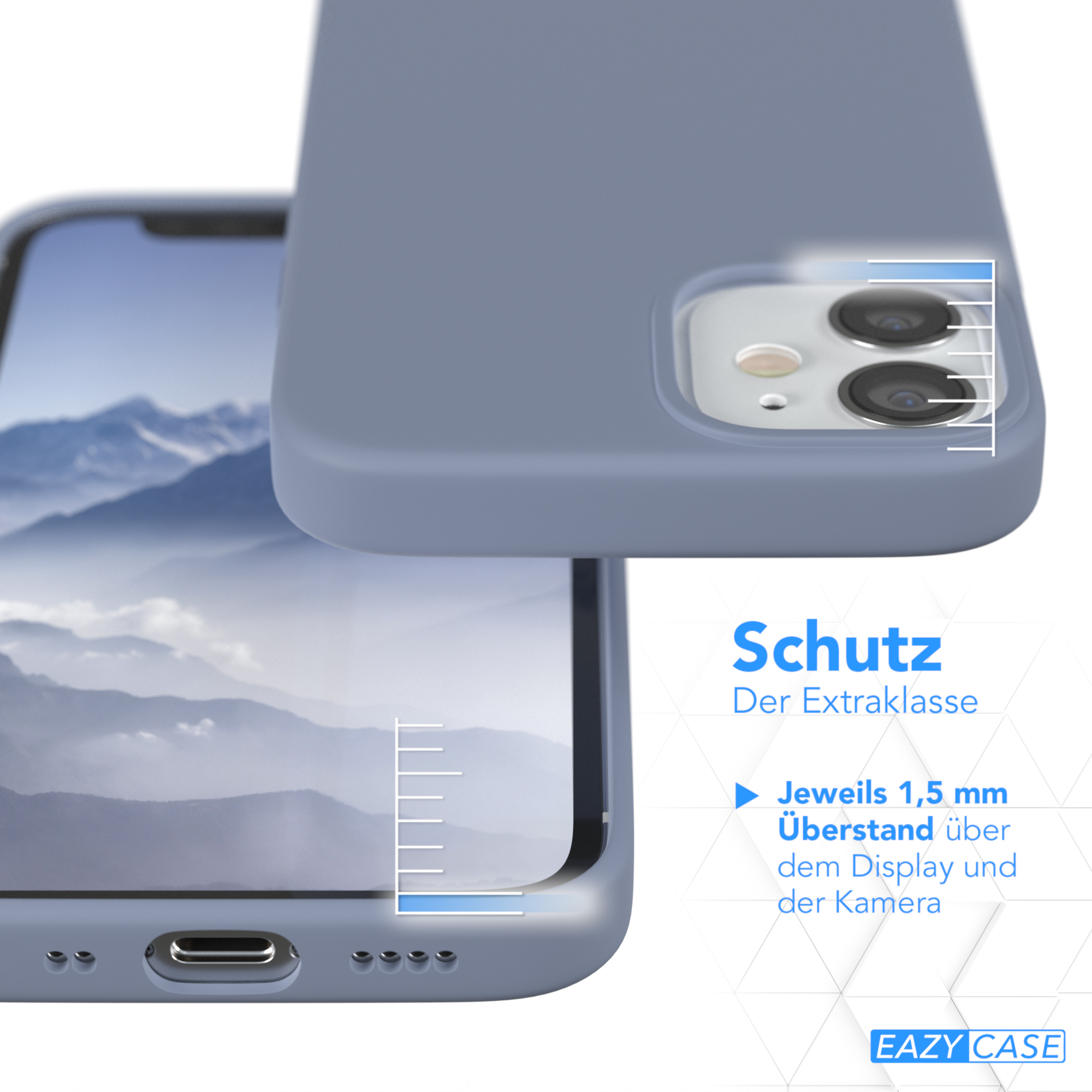 Handyhülle mit einem Telefon darin. Die Hülle ist blau. Text: Jeweils 1,5 mm über dem Display und der Kamera.