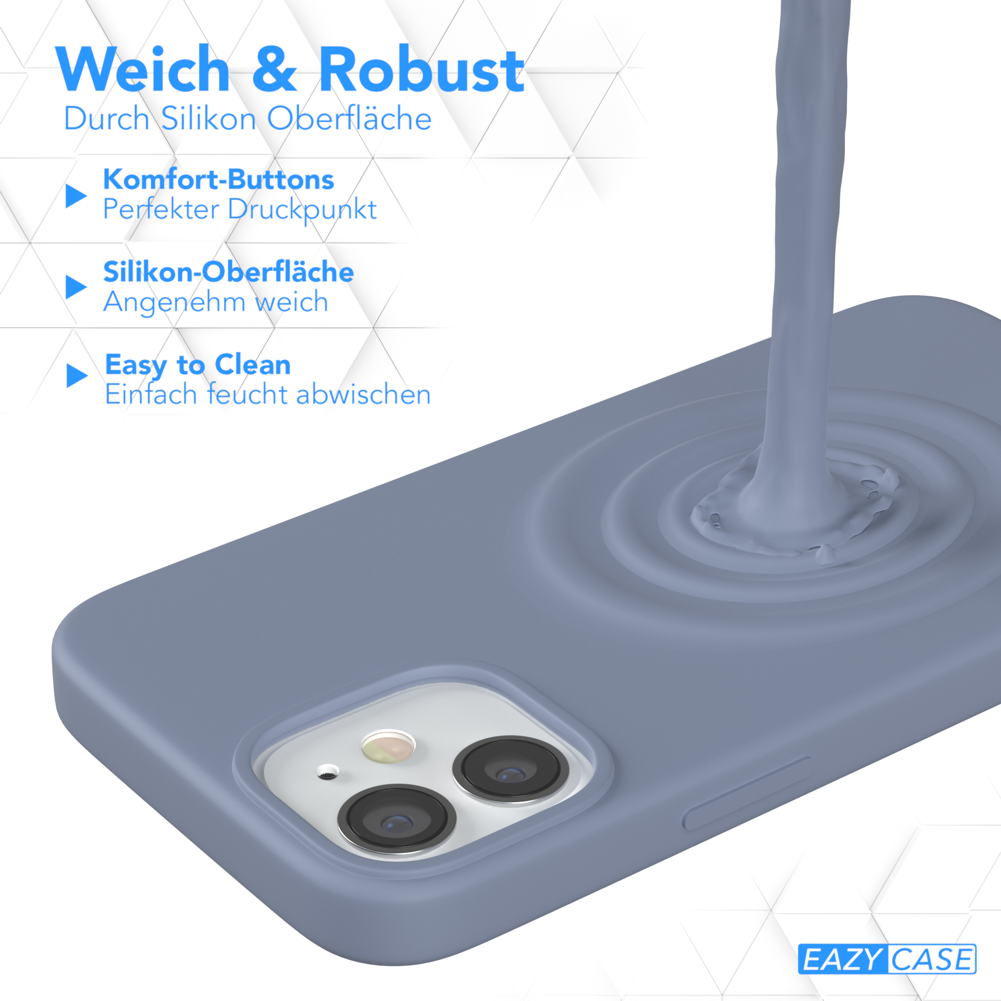 Blaue Handyhülle mit Text 'Weich & Robust'. Merkmale: Komfort-Tasten, Silikon-Oberfläche.