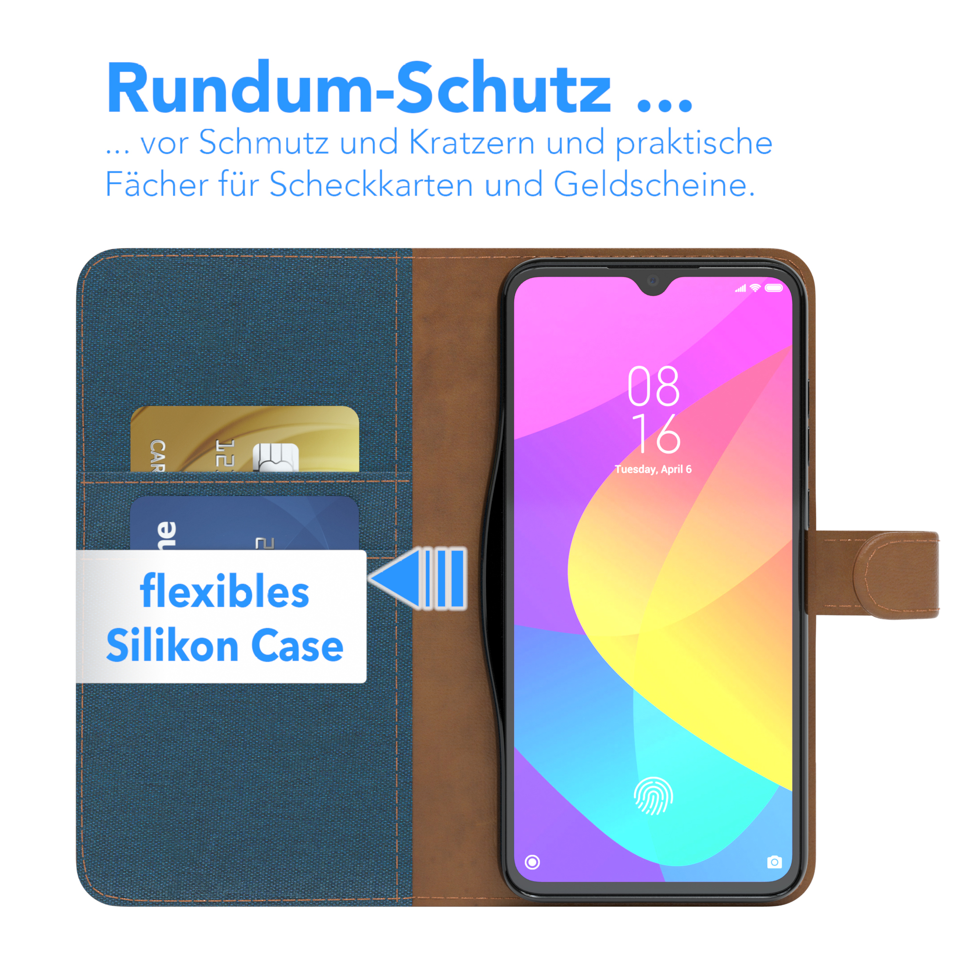 9 Klapphülle EAZY CASE Jeans Blau Mi Xiaomi, Bookcover, Lite, Kartenfach, Bookstyle mit