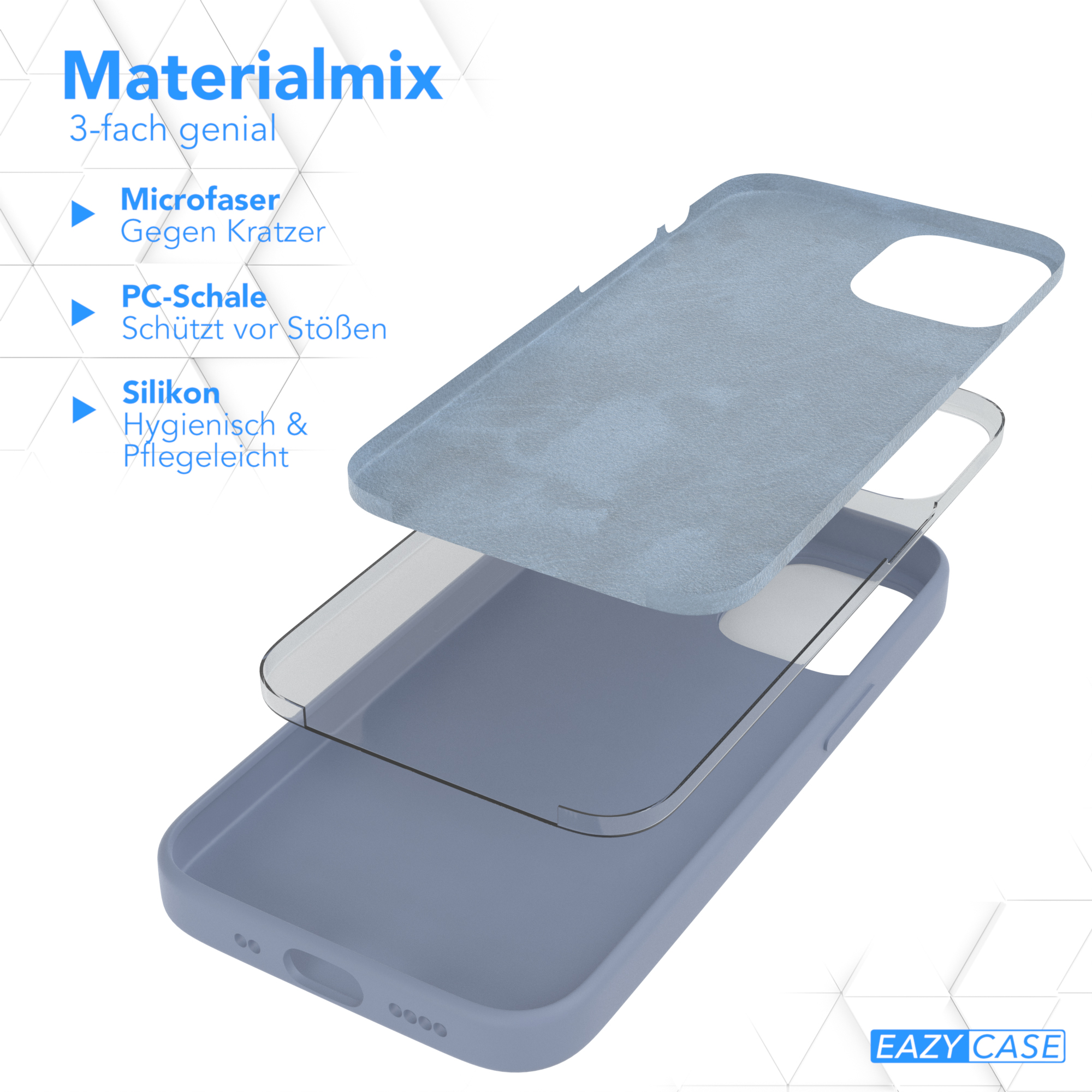 Handyhüllen-Schichten. Mikrofaser, PC-Schale und Silikon. Blau, hellblau und transparent. Eazy Case Logo.