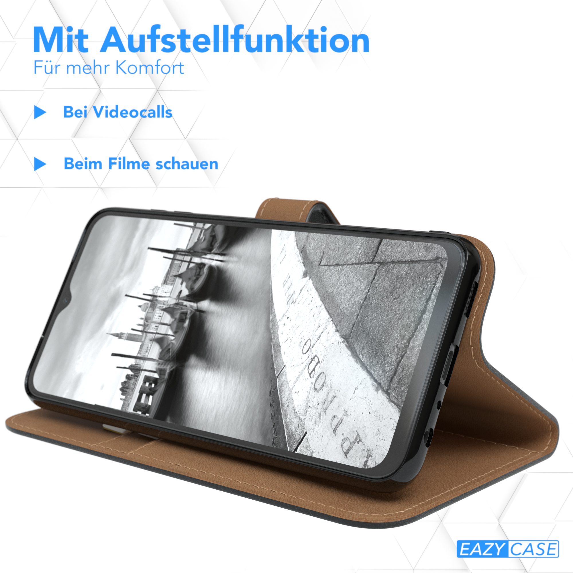 Telefon in braunem Etui, offen und angewinkelt, zeigt einen Bildschirm. Braunes Gehäuse.