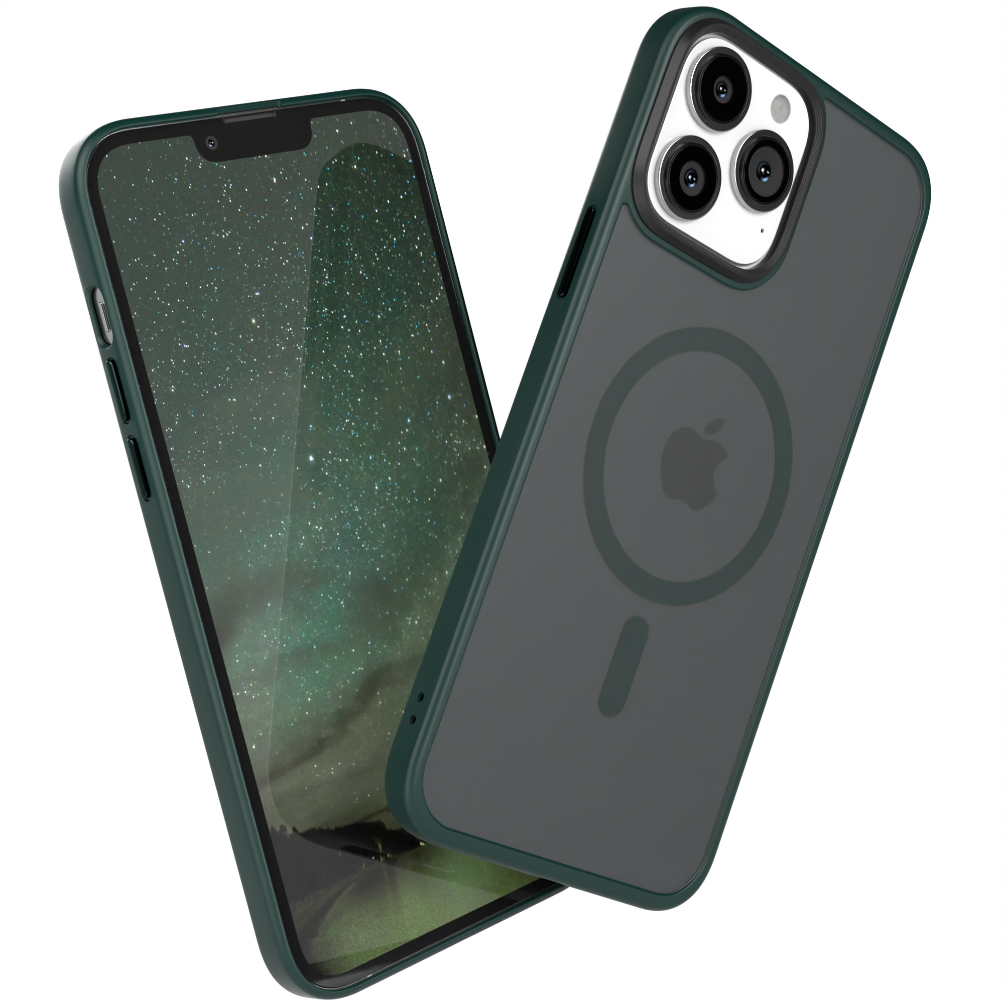 Zwei Telefone, eines mit grünem Gehäuse und das andere mit grauem Gehäuse. Beide sind angewinkelt.