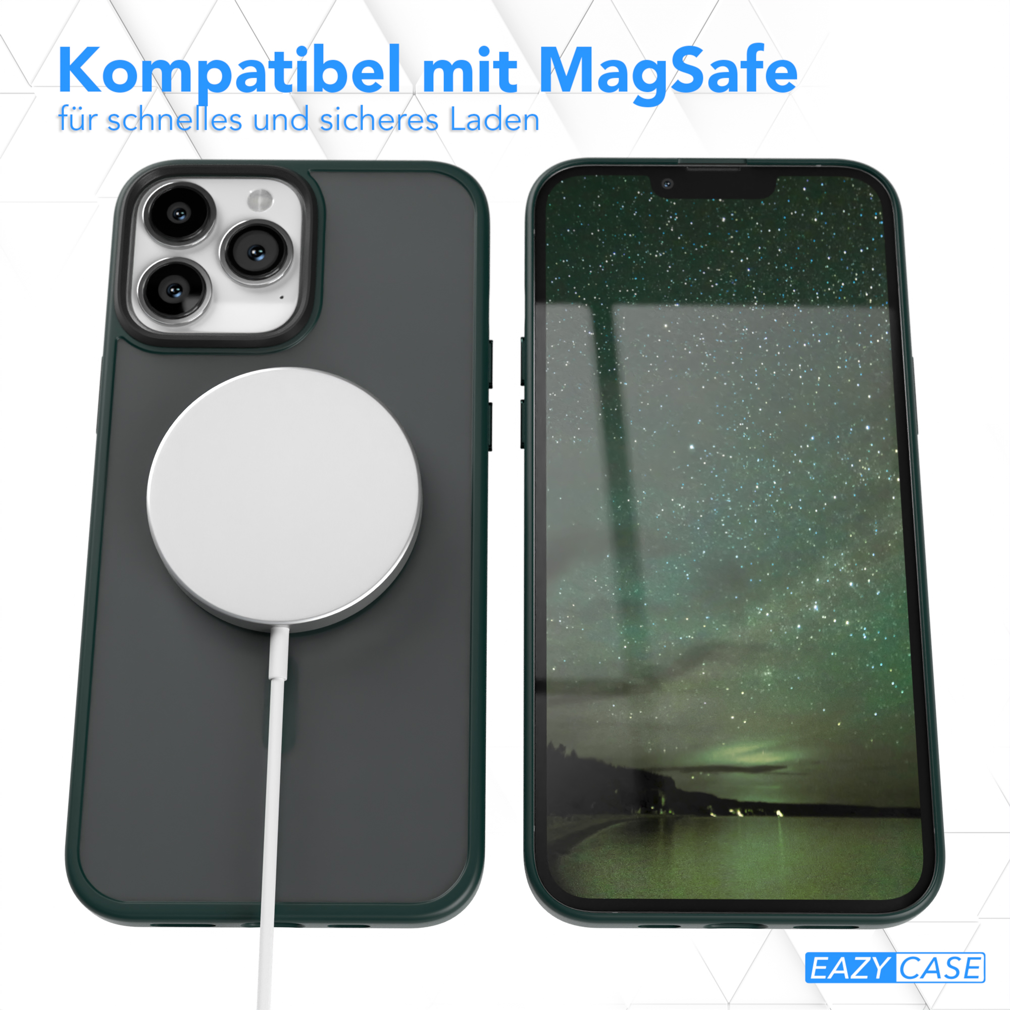 Eine Handyhülle befindet sich neben einer kabellosen Ladestation. Das Telefon rechts zeigt einen grünen Hintergrund.