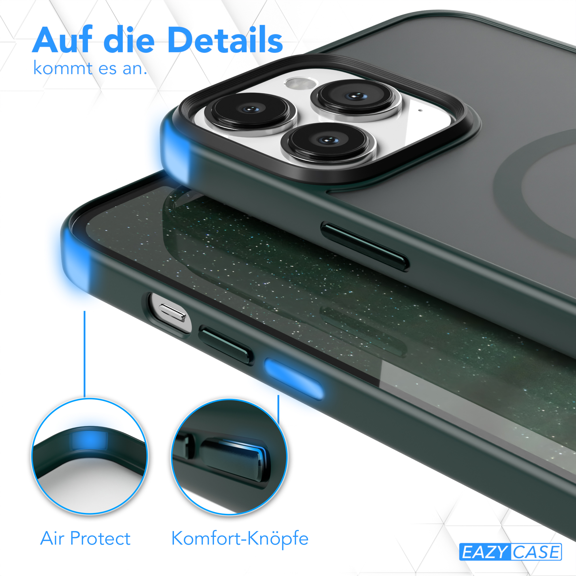 Nahaufnahme einer Handyhülle mit Details der Knöpfe und Luftschutz. Text: 'Auf die Details'.
