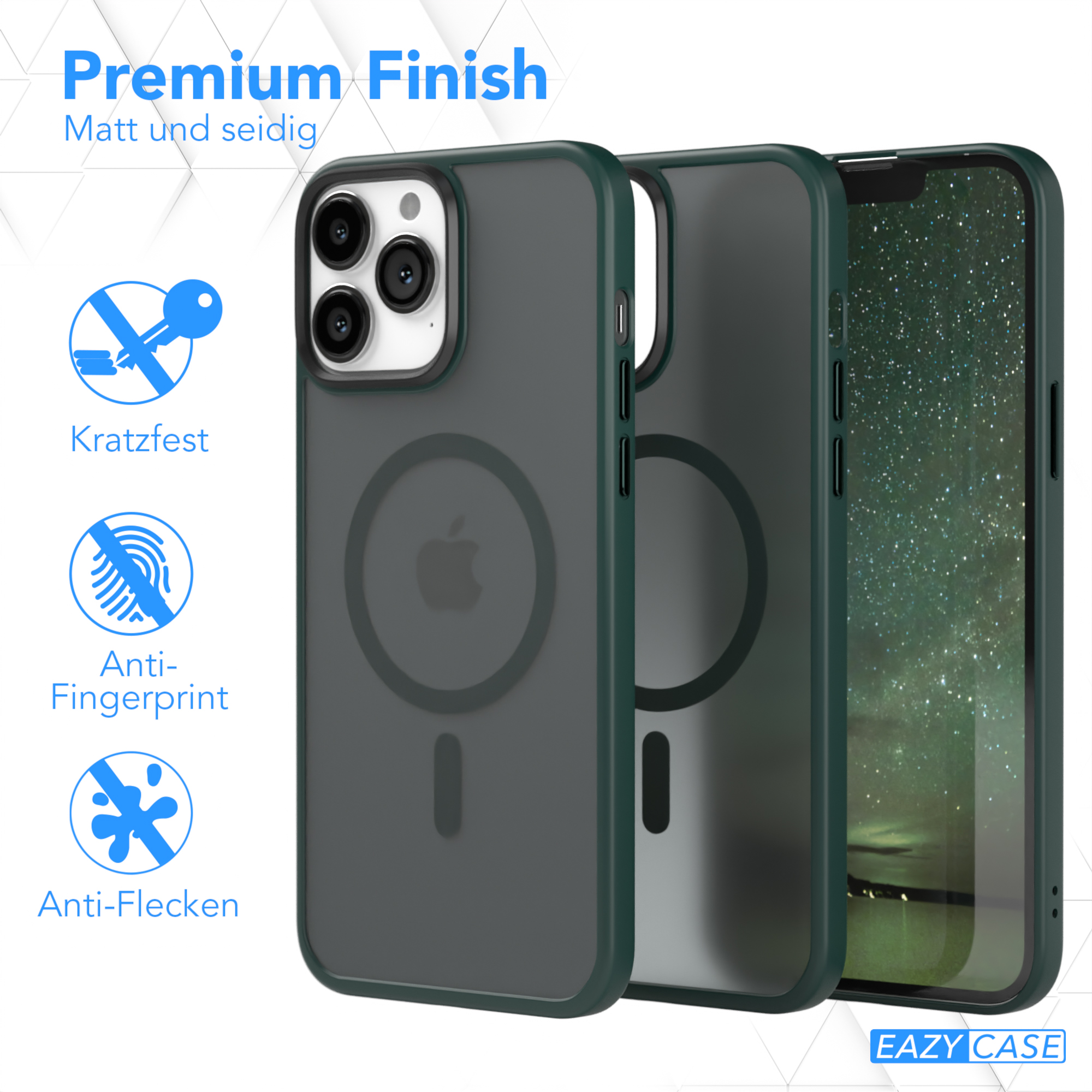 Drei Handyhüllen, eine mit dem Apple-Logo. Kratzfest-, Anti-Fingerprint- und Anti-Flecken-Symbole werden angezeigt.