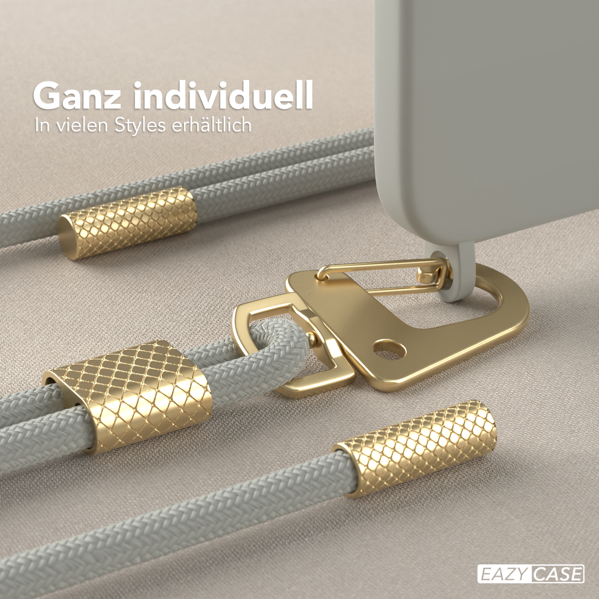 Nahaufnahme einer Handyhülle mit goldfarbenen Metalldetails. Text: Ganz individuell. In vielen Styles erhältlich.