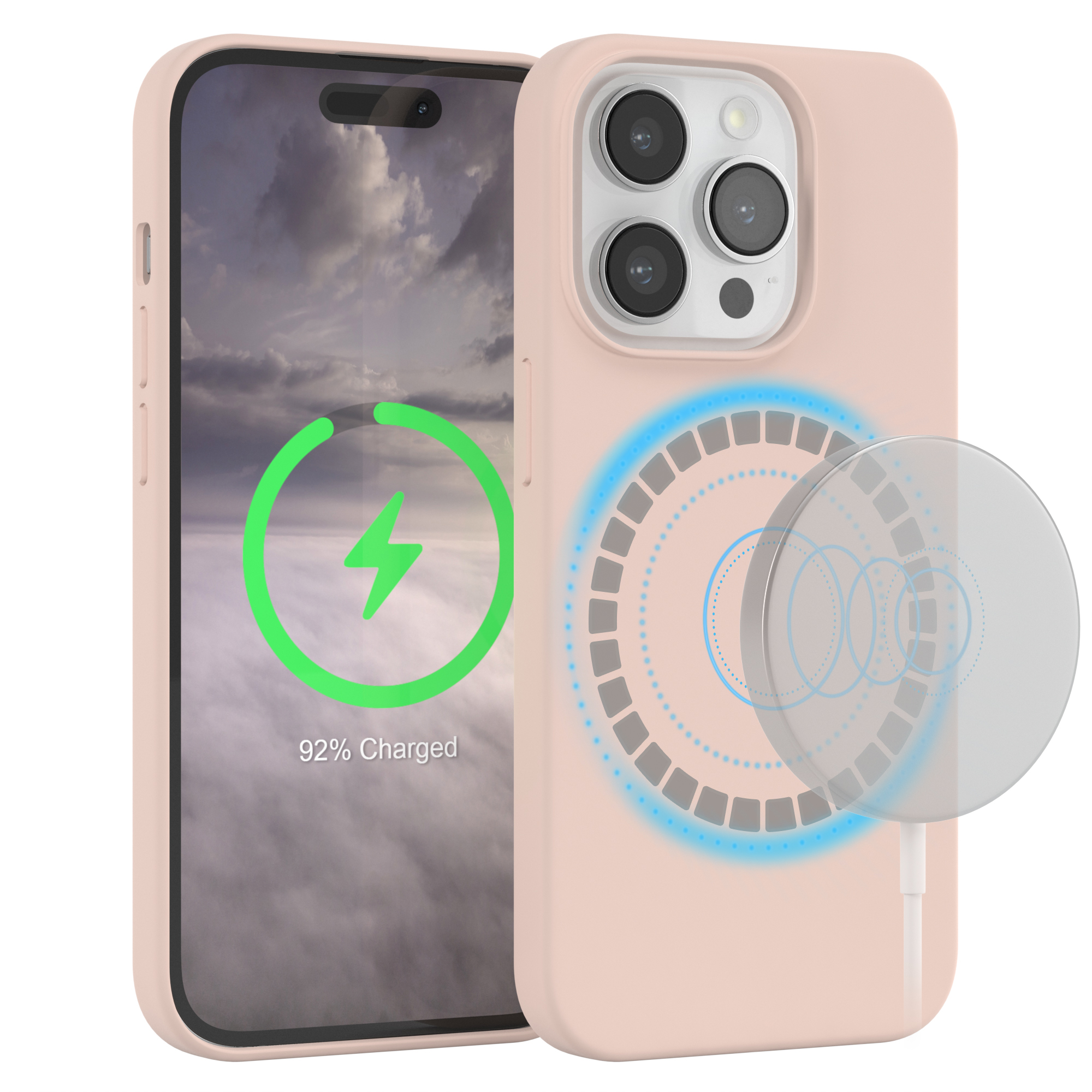 Rosa Telefon mit Ladeanzeige auf dem Bildschirm. Ein weißes kreisförmiges Ladegerät daneben.