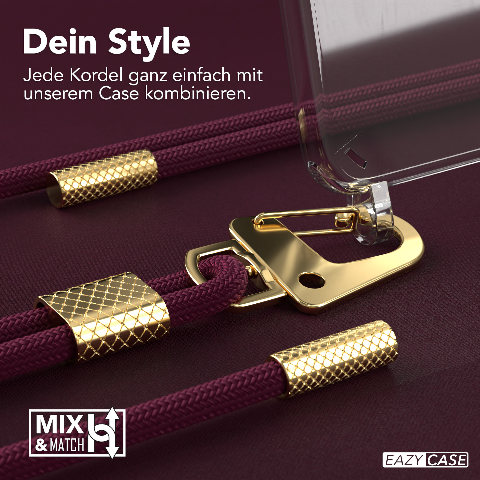 Nahaufnahme einer Handyhülle mit goldenen Akzenten und roter Kordel.