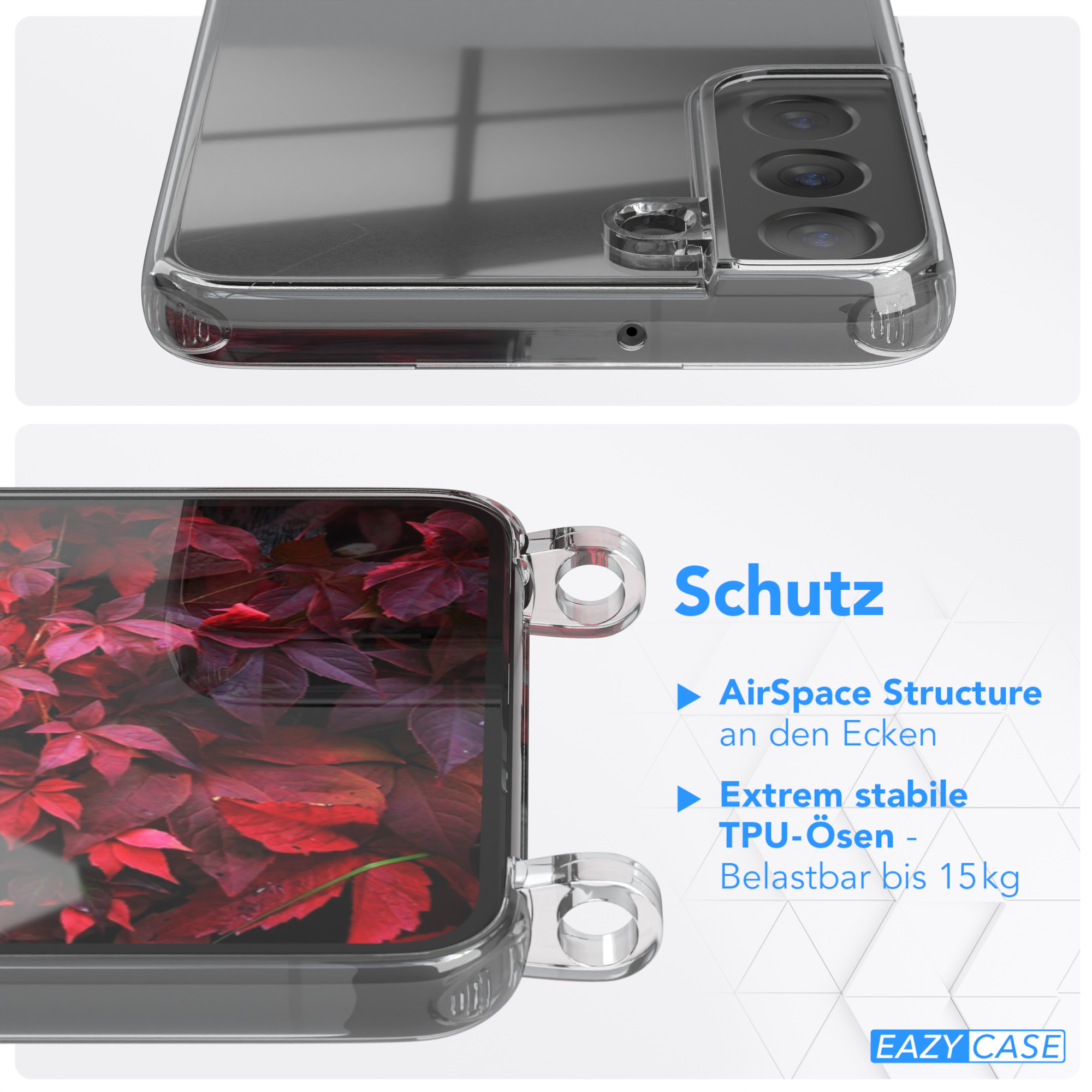 Transparente Handyhülle auf einem Telefon. Der Text beschreibt die AirSpace-Struktur und TPU-Ösen.
