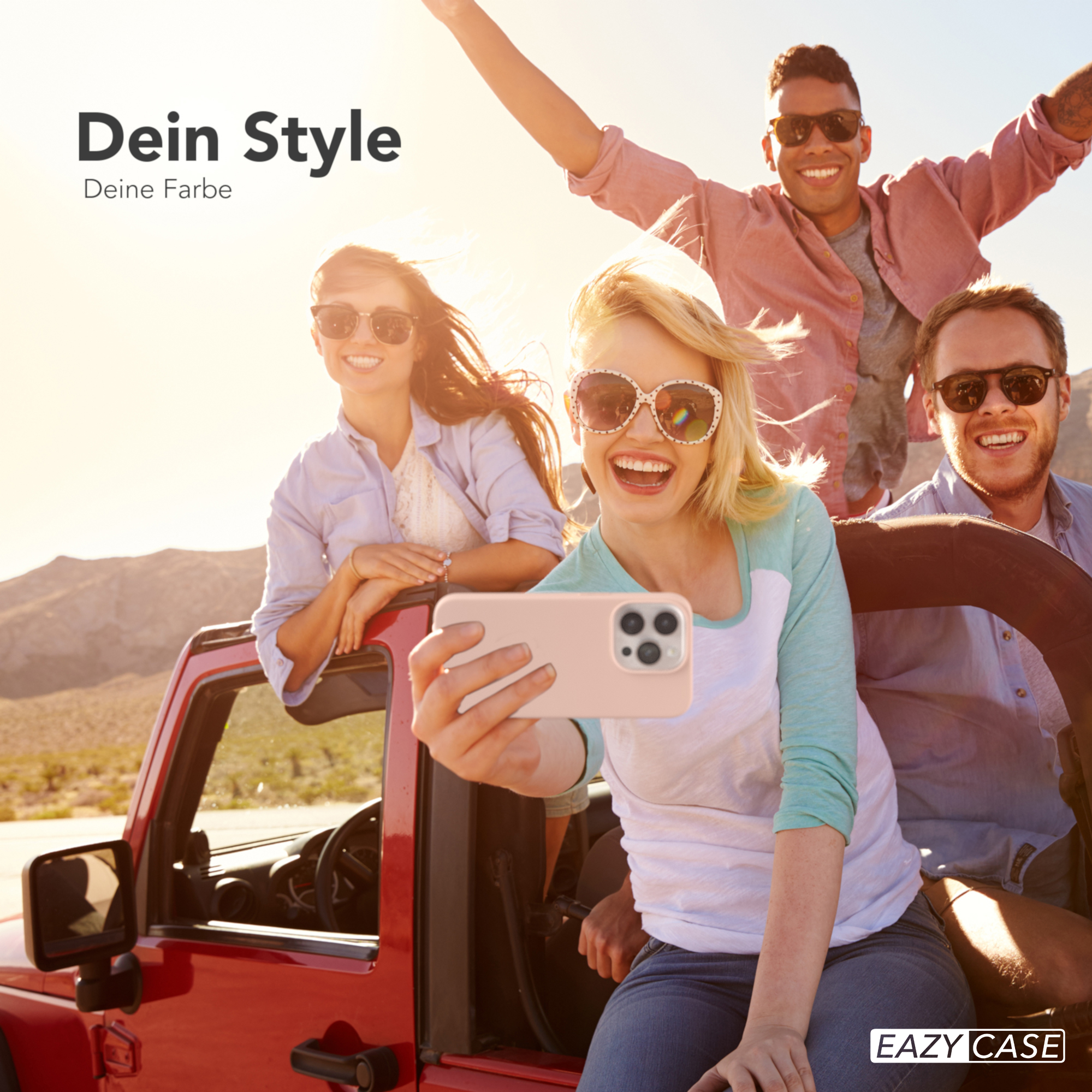 Vier Personen machen ein Selfie in einem roten Auto. Text: Dein Stil, Deine Farbe.
