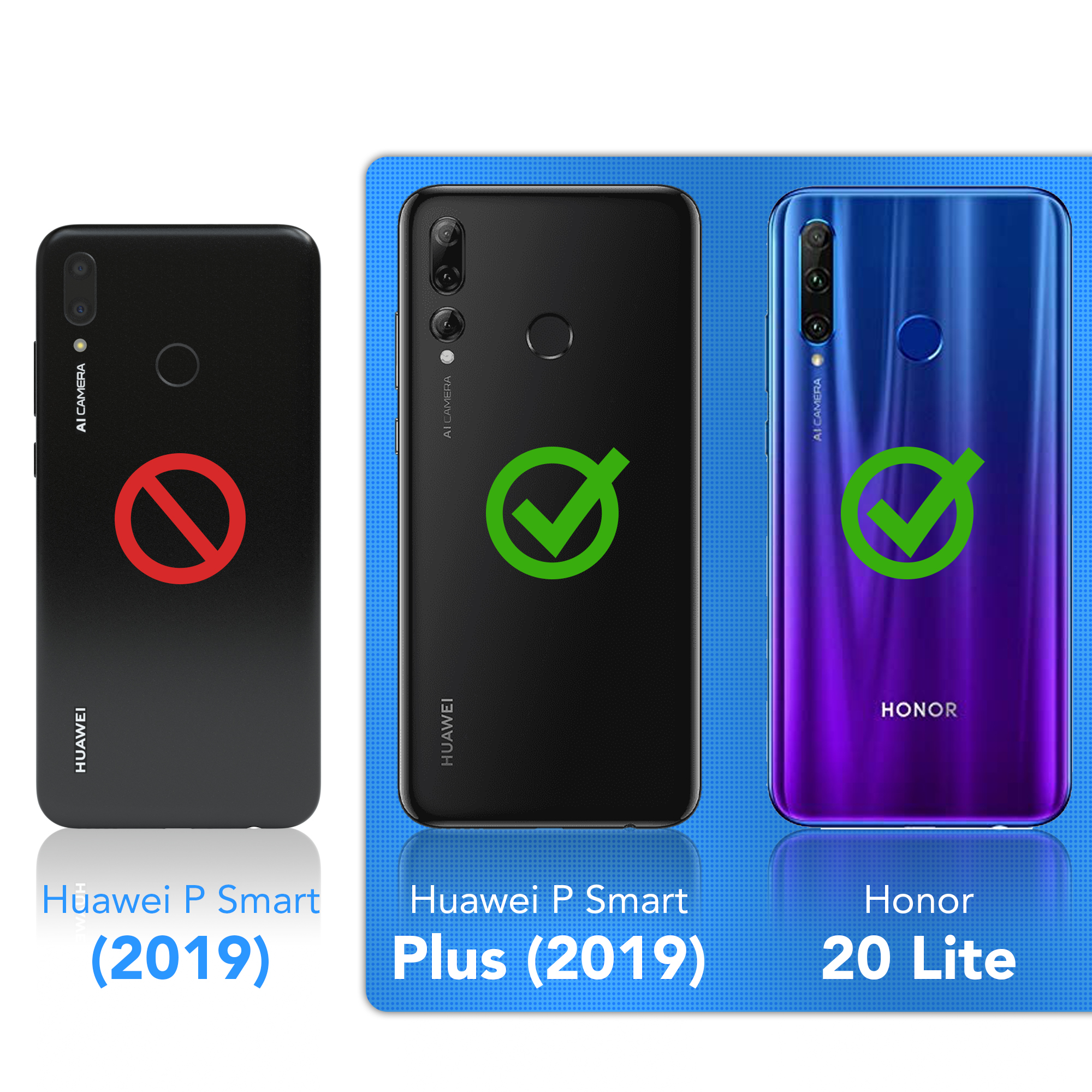 Drei Huawei- und Honor-Telefone, mit Größenvergleichen und Häkchen auf dem Honor 20 Lite.