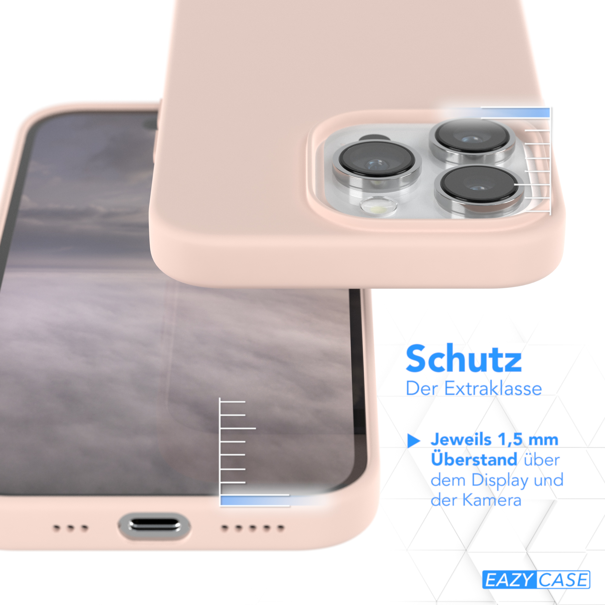 Eine Handyhülle in Pfirsichfarbe mit einem Telefon darin. Text: Schutz. EAZY CASE-Logo.