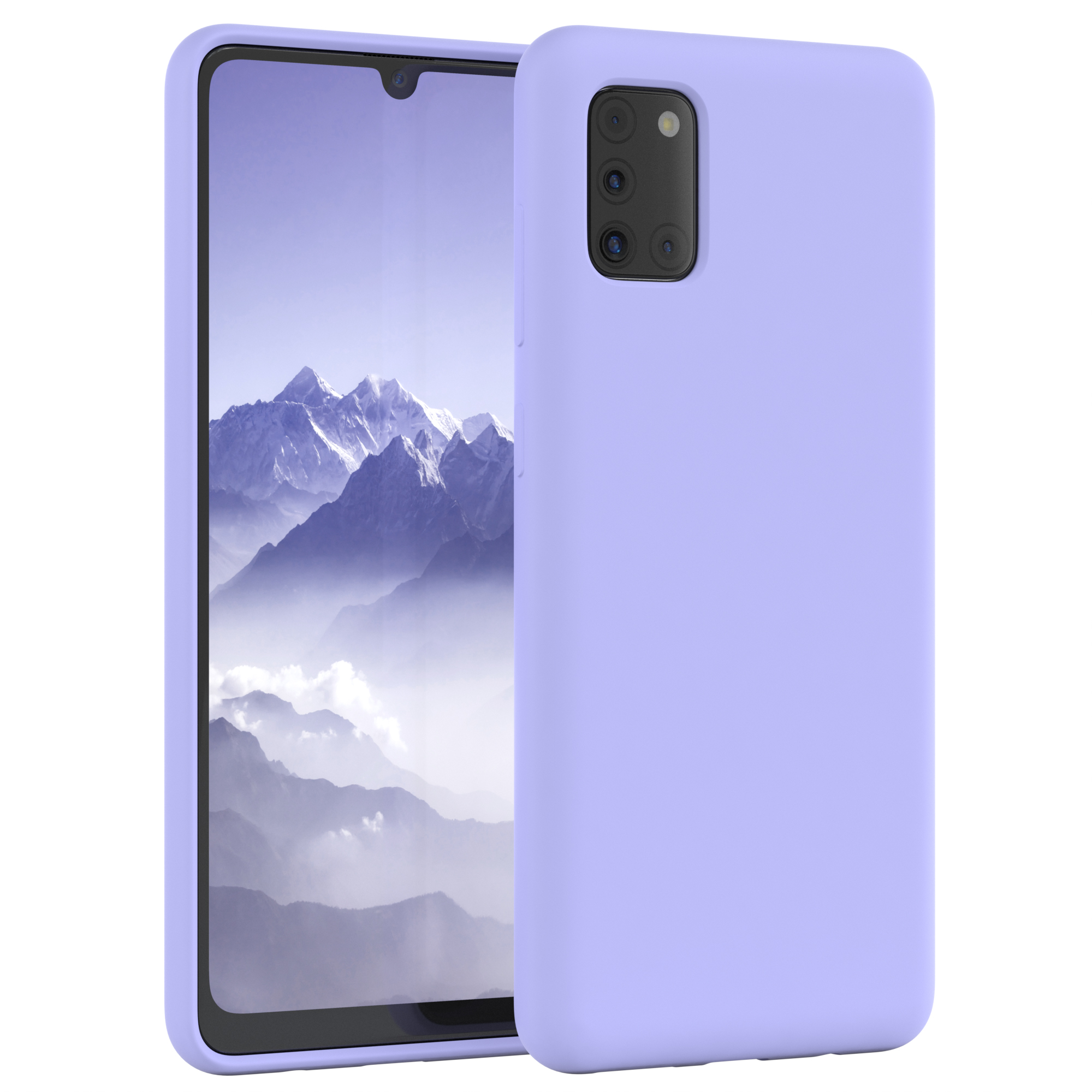 Lilafarbene Handyhülle mit Telefon, dunkler Bildschirm, weißer Hintergrund.