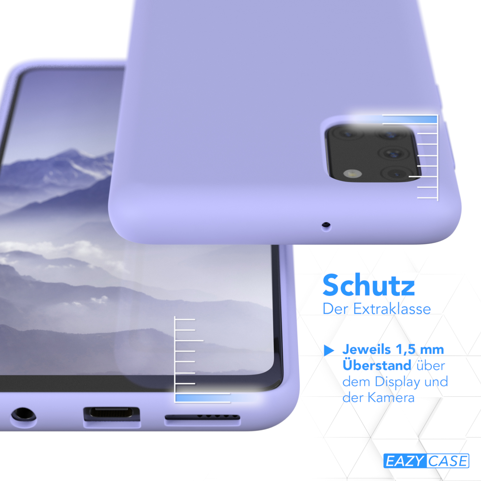 Eine Handyhülle mit Telefon. Nahaufnahme zeigt den Rand. Text sagt Schutz.