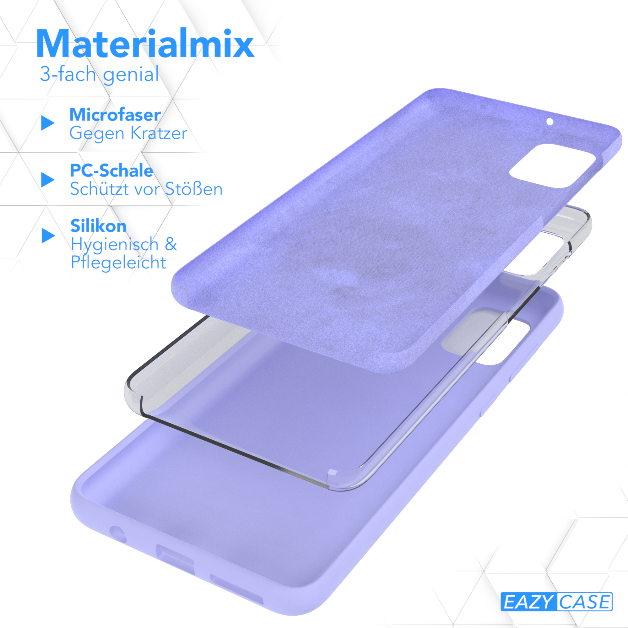 Drei Schichten einer Handyhülle, mit Text, der Materialien beschreibt: Mikrofaser, PC-Schale und Silikon.