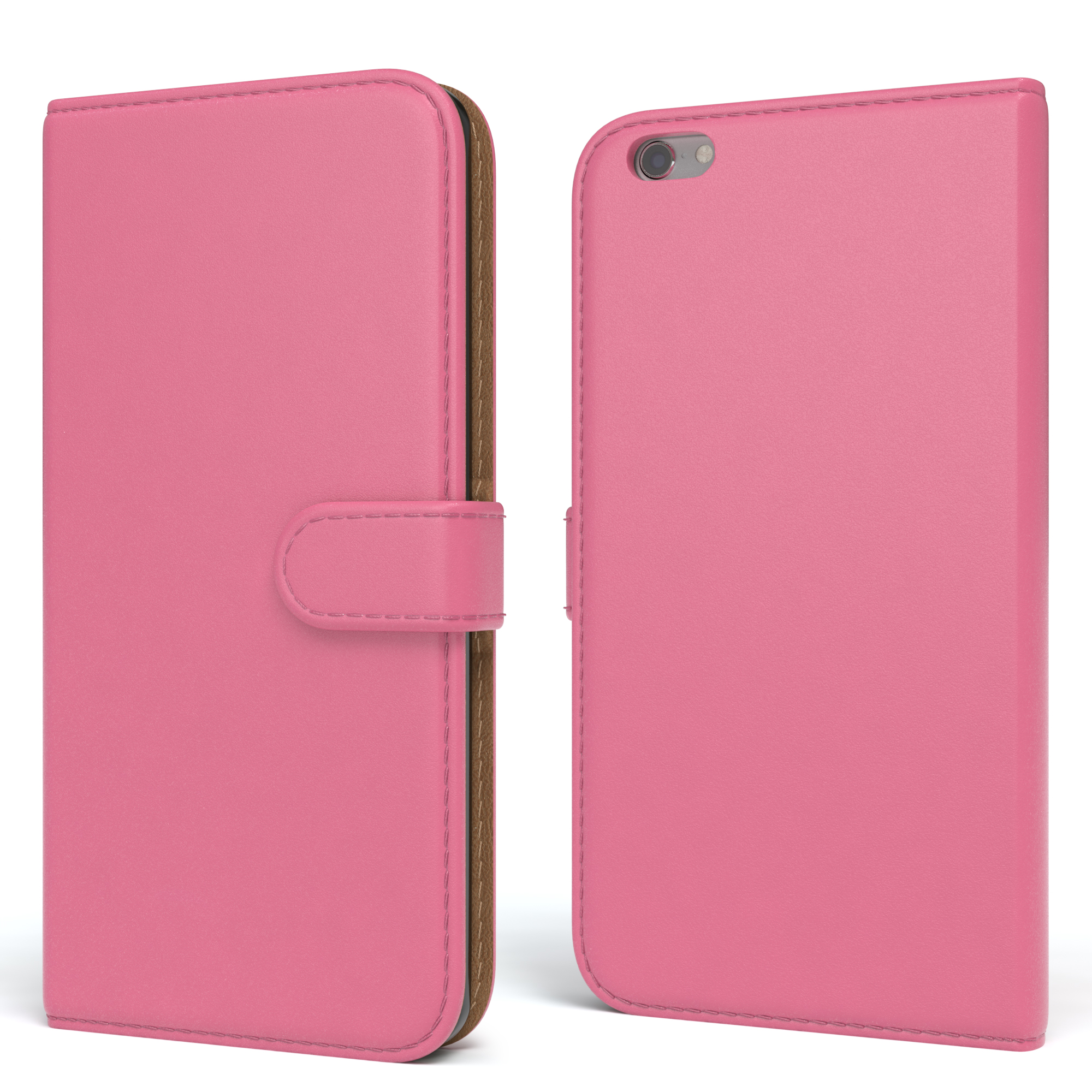 Zweiteilige rosa Brieftaschen-Handyhülle, geschlossen und offen, Innenansicht.
