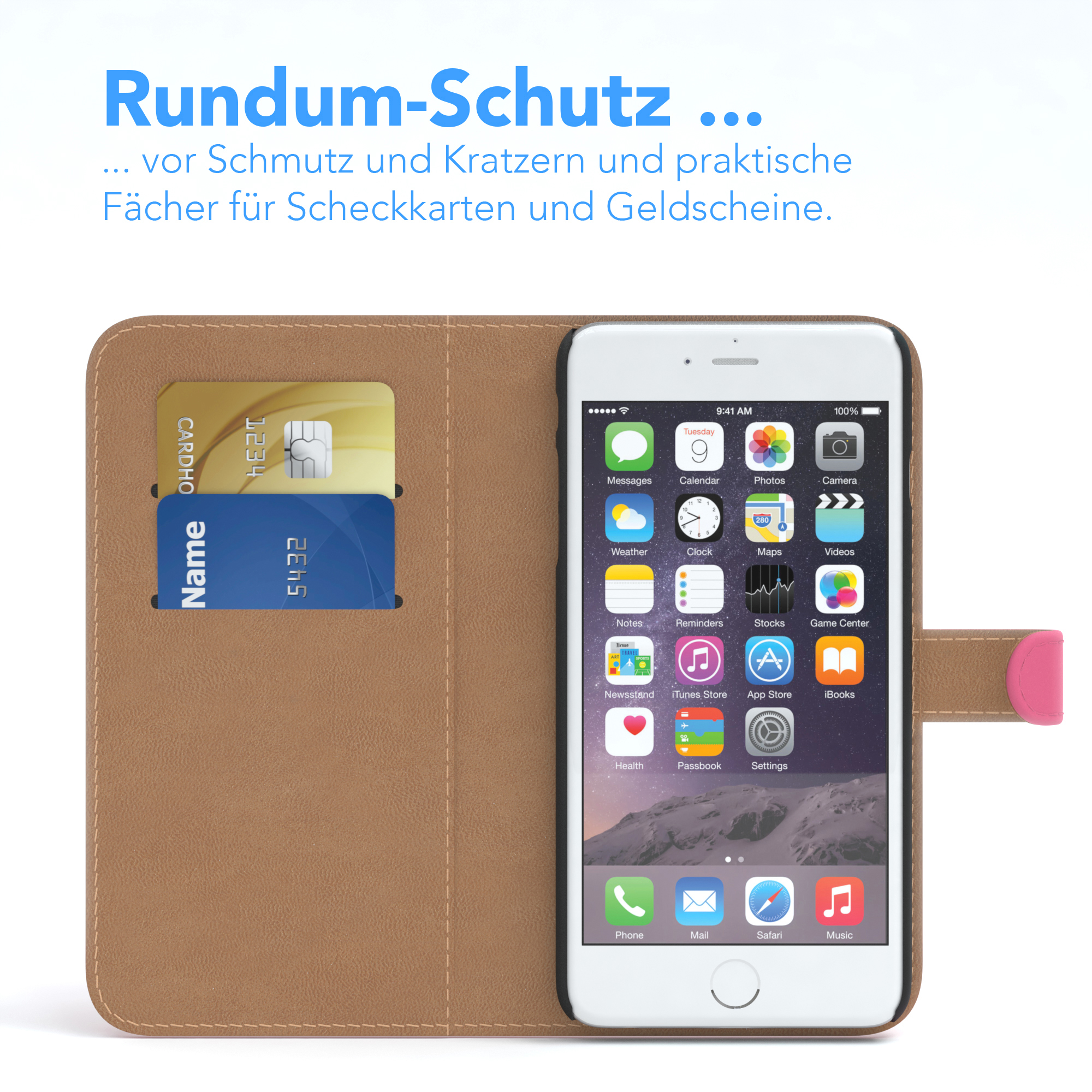 Telefon in brauner Hülle mit Kreditkarten. Hülle ist offen, zeigt Telefonbildschirm mit App-Symbolen.