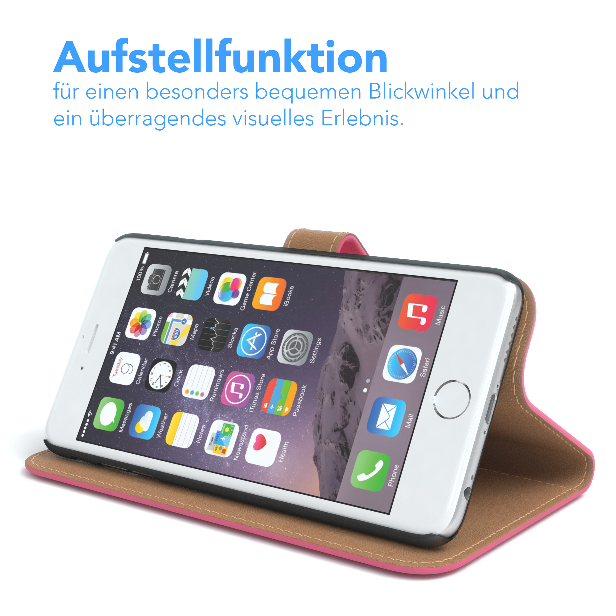 Ein Telefon in einem rosa Gehäuse ist geöffnet und zeigt den Bildschirm. Der Hintergrund ist ein rosa Gehäuse.