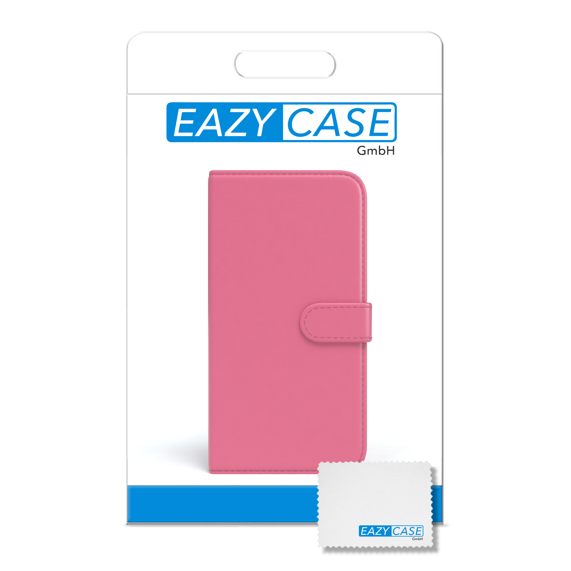 Eine pinkfarbene Handyhülle in ihrer Verpackung mit einem Reinigungstuch.
