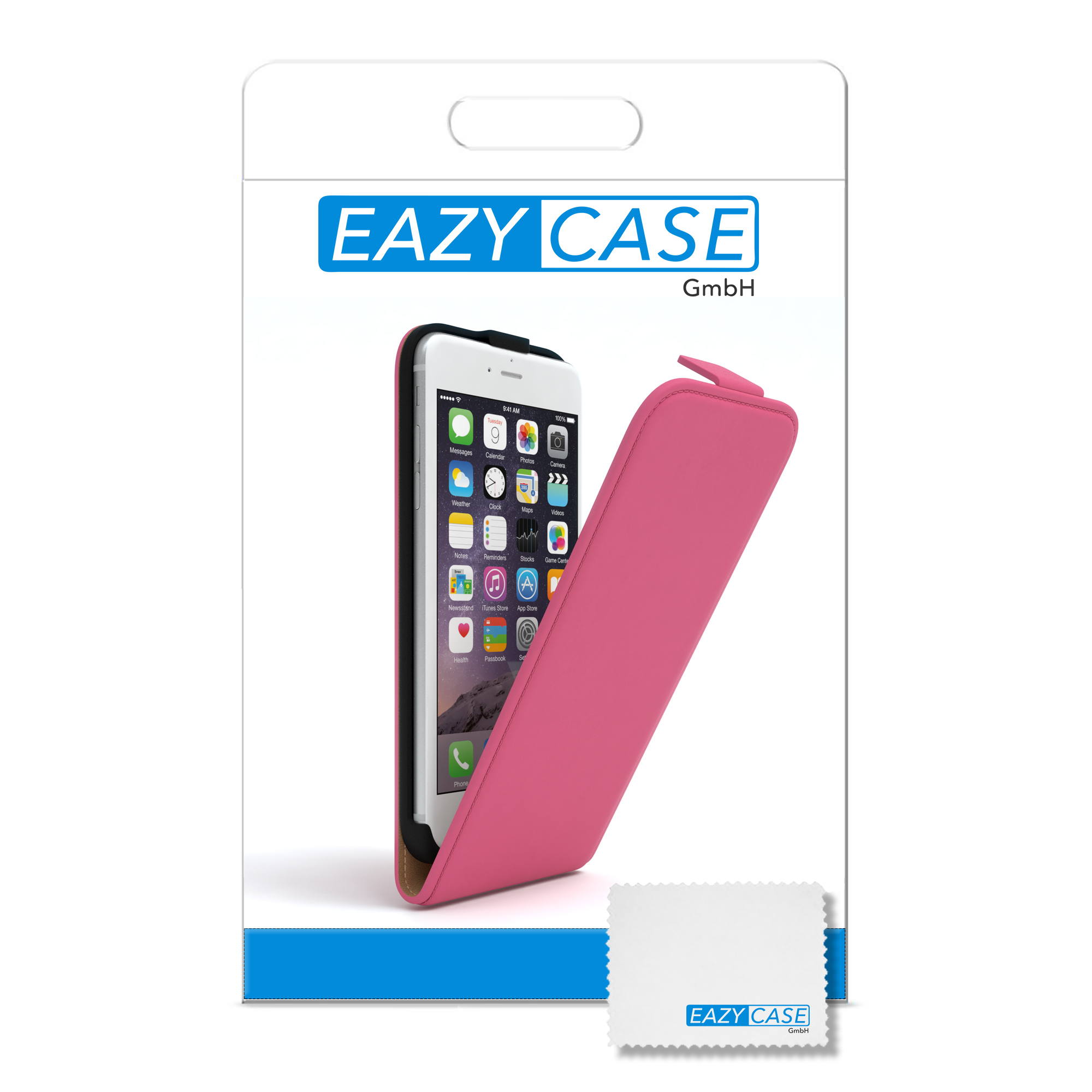 Ein Telefon in einer rosa Hülle wird gezeigt. Die Hülle befindet sich in einer Verpackung. Daneben liegt ein Reinigungstuch.