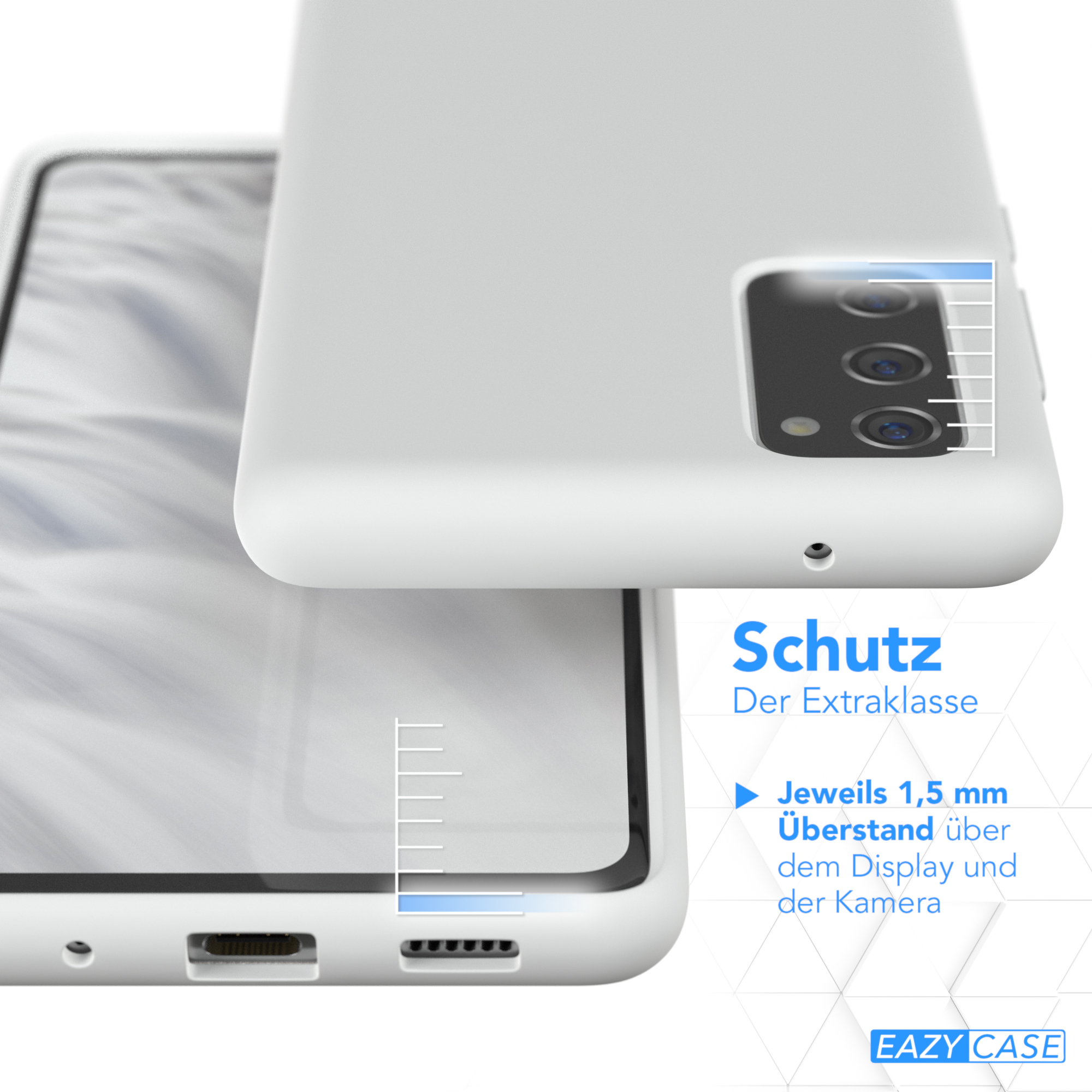 Eine weiße Handyhülle mit einem Telefon darin. Die Hülle ist offen und zeigt den Bildschirm des Telefons. Weißer Hintergrund.