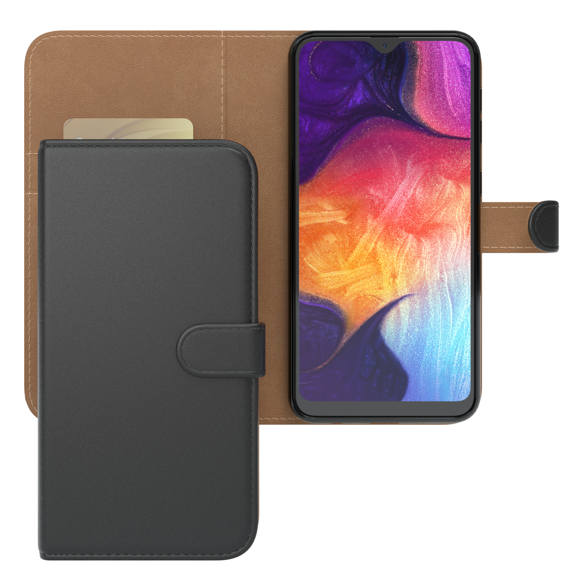 Schwarze Handyhülle, braunes Etui. Telefon mit farbenfrohem Bildschirm. Weißer Hintergrund.