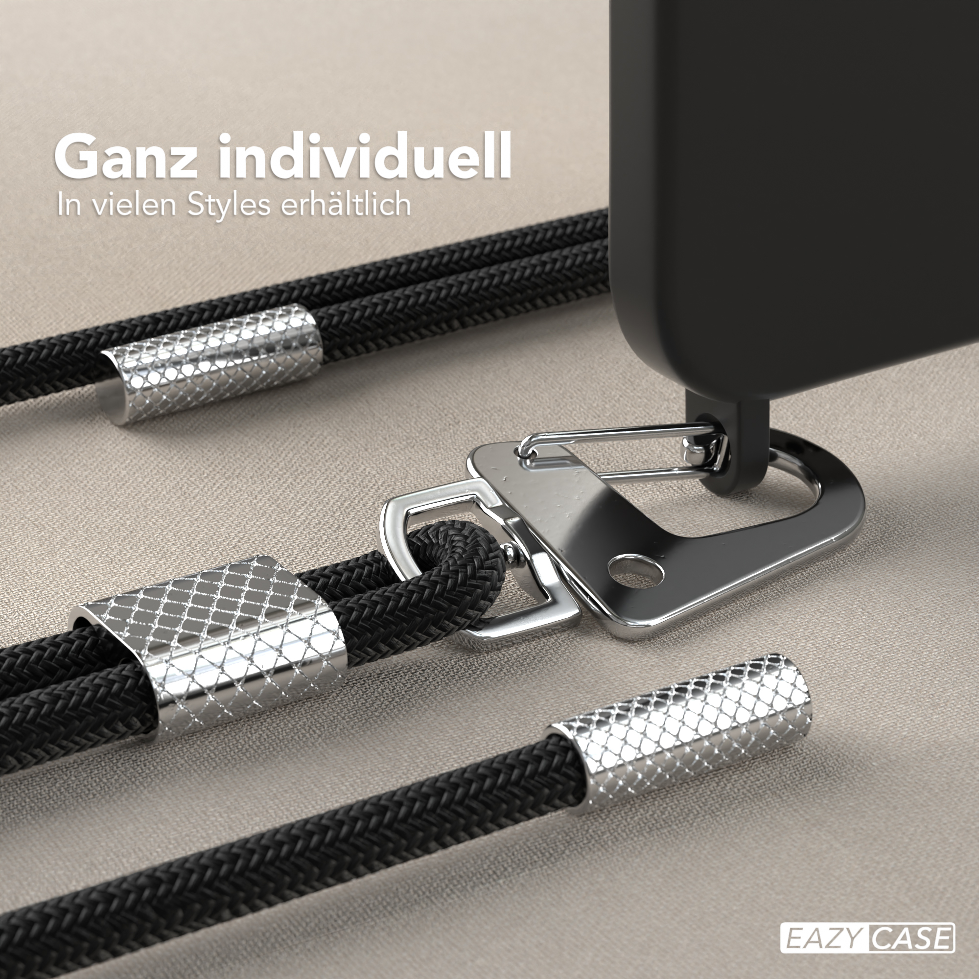 Nahaufnahme der Handykette mit Metalldetails und schwarzem Seil. Eazy Case Logo.